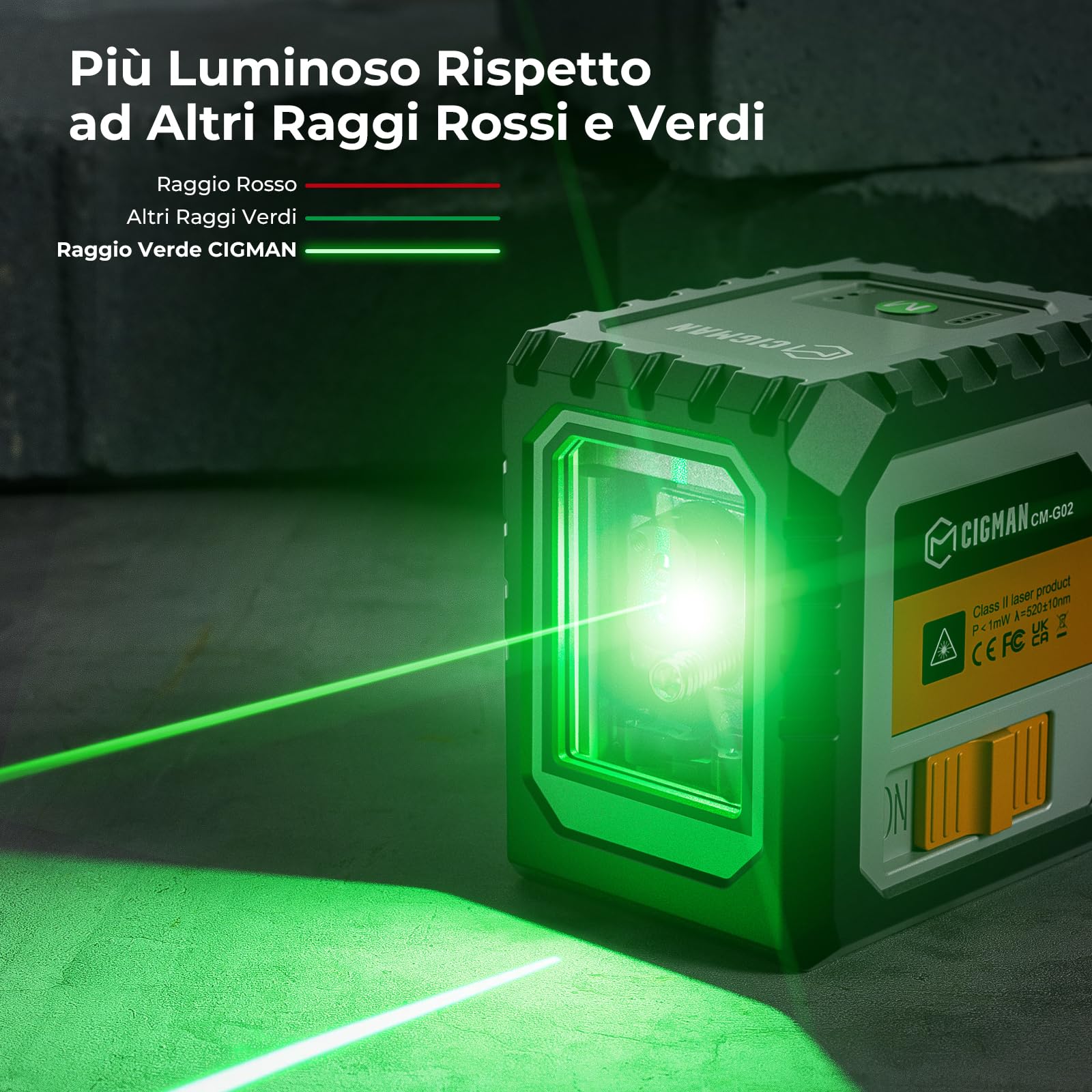 Livella Laser, CIGMAN G02 Cross Livello Laser Autolivellante a Raggio Verde Laser Orizzontale e Verticale a Linee Incrociate per la cantieri, interni, DIY.(Batteria Inclusa)