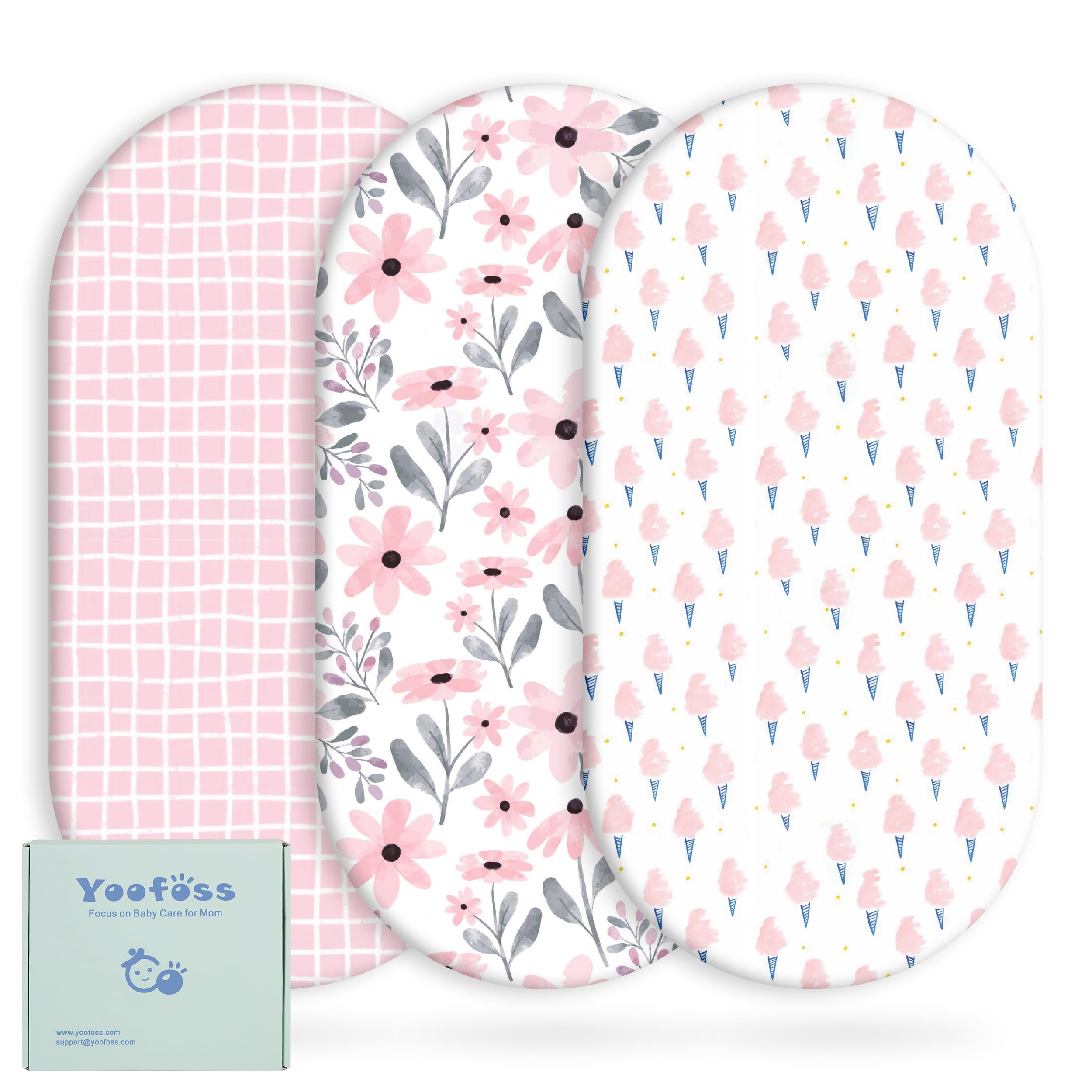Yoofoss Bassinet Sheets for Baby,3-Pack Fitted Bassinet Sheets Set Compatible with Halo Bassinest Swivel Sleeper,Baby Delight,Angelbliss,Soft Breathable Bassinet Mattress Sheets (Pink+Floral)