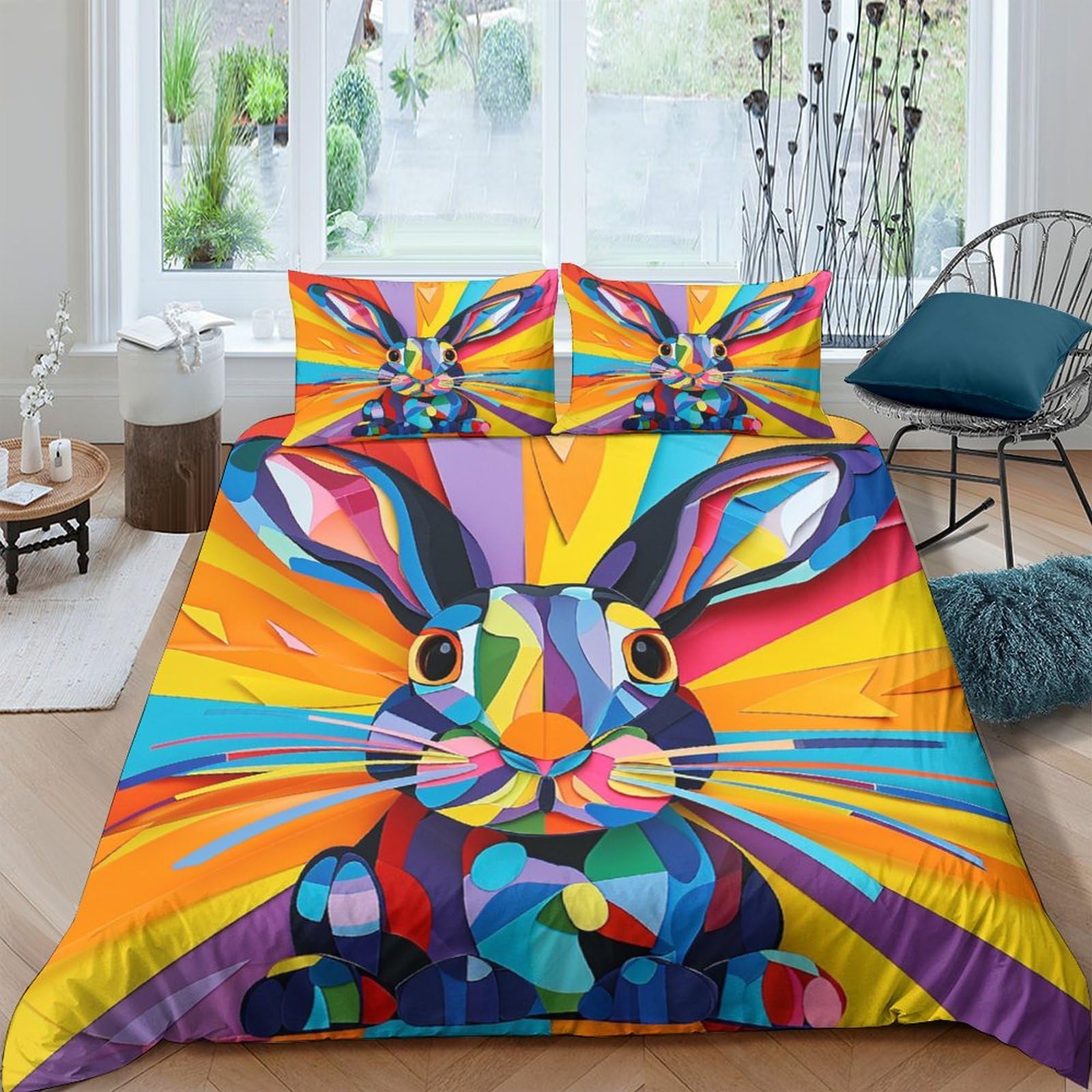 Stampato in 3D Coniglio Copertina Stampata Microfibra Disegnata Biancheria Da Letto Cura Facile Con 2 Federe,Double（200x200cm）, Per Adolescenti E Adulti
