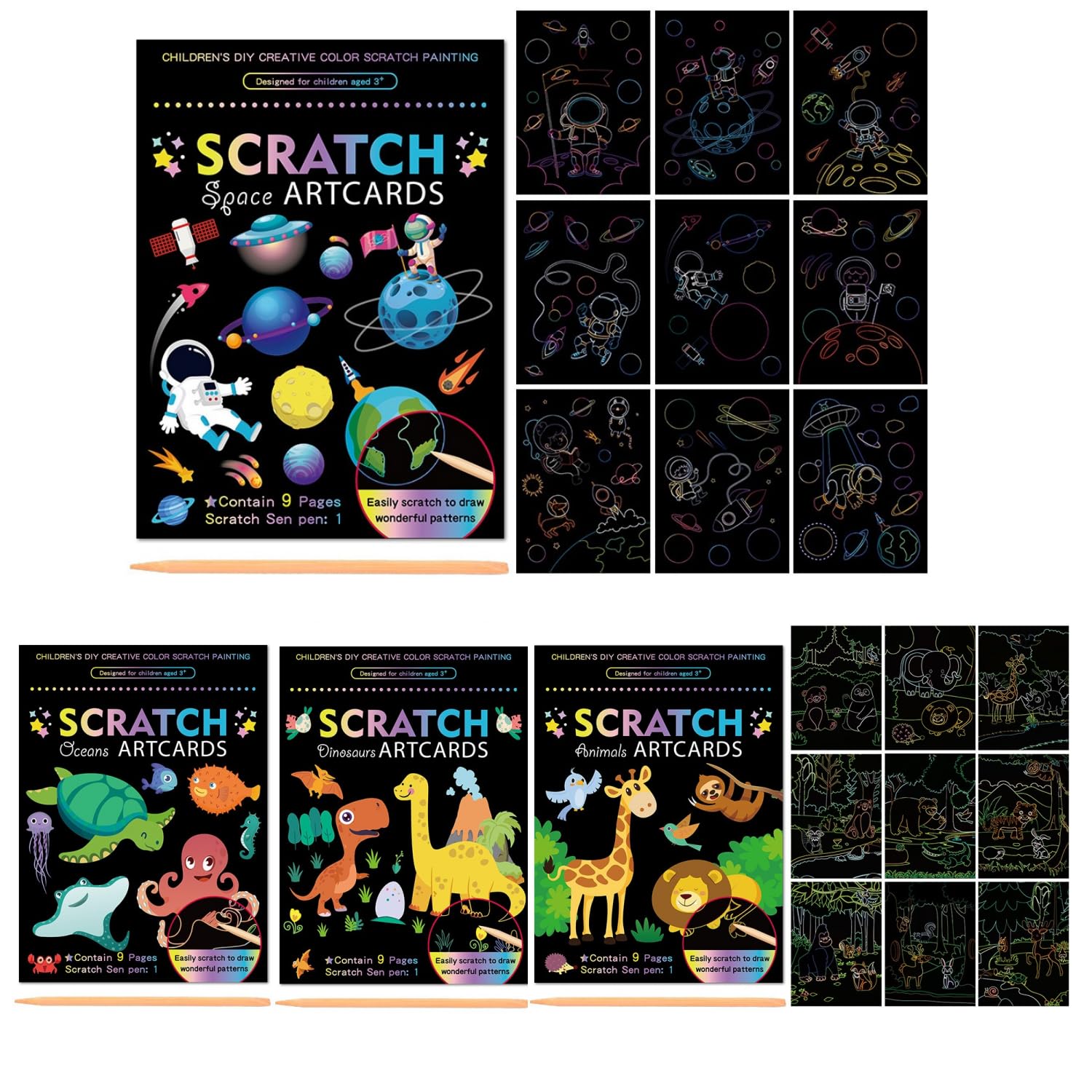 Graffi per bambini – 4 set di temi, 36 fogli di carta antigraffio con dinosauro, spazio, oceano e animali, 4 penne in legno, 18,5 x 13,5 cm, kit di scratch Art per il compleanno dei bambini, a partire