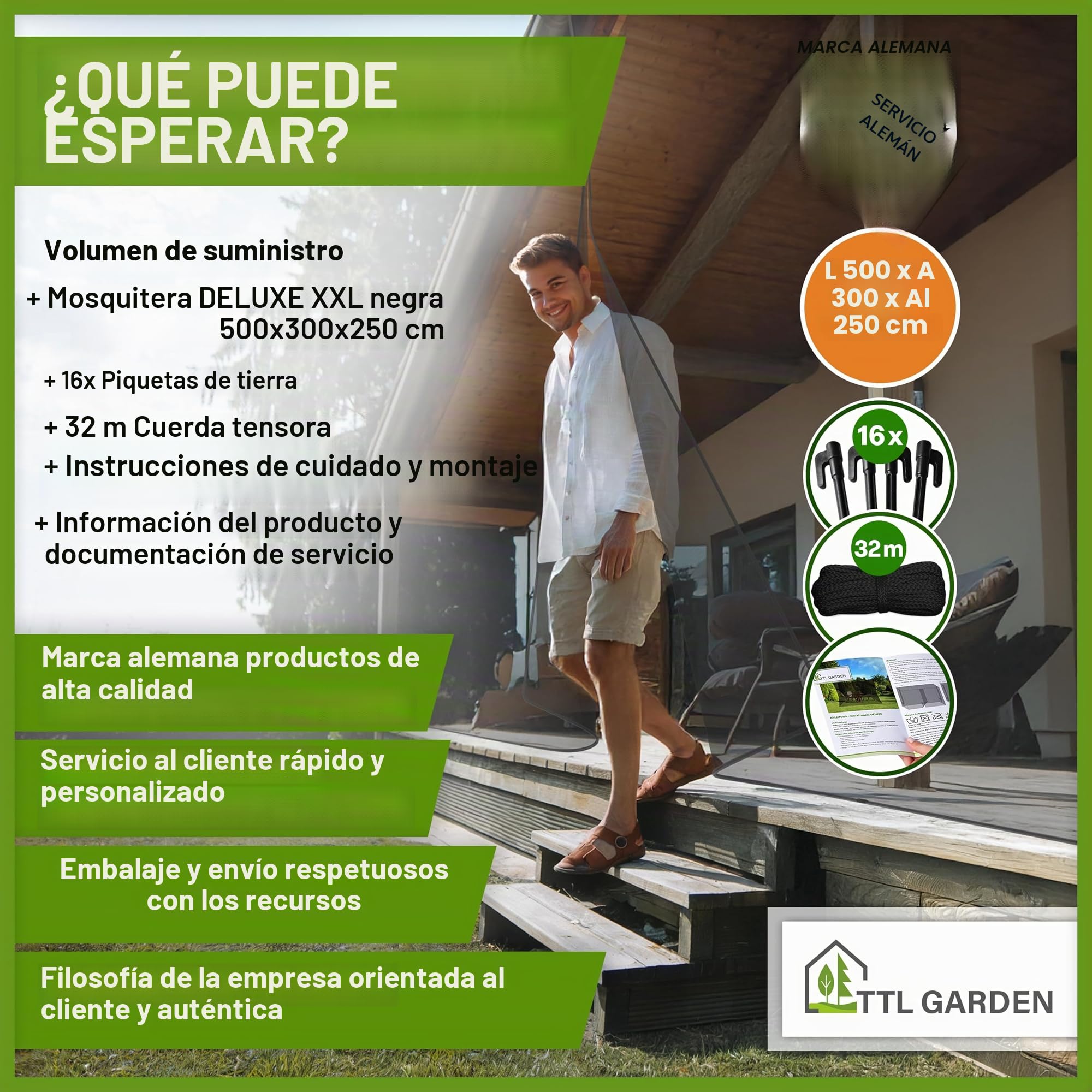 TTL GARDEN Mosquitera Deluxe XXL, 500 x 300 x 250 cm, color negro, malla fina de 0,07 mm, 3 entradas, resistente a los rayos UV y transpirable, protección contra insectos
