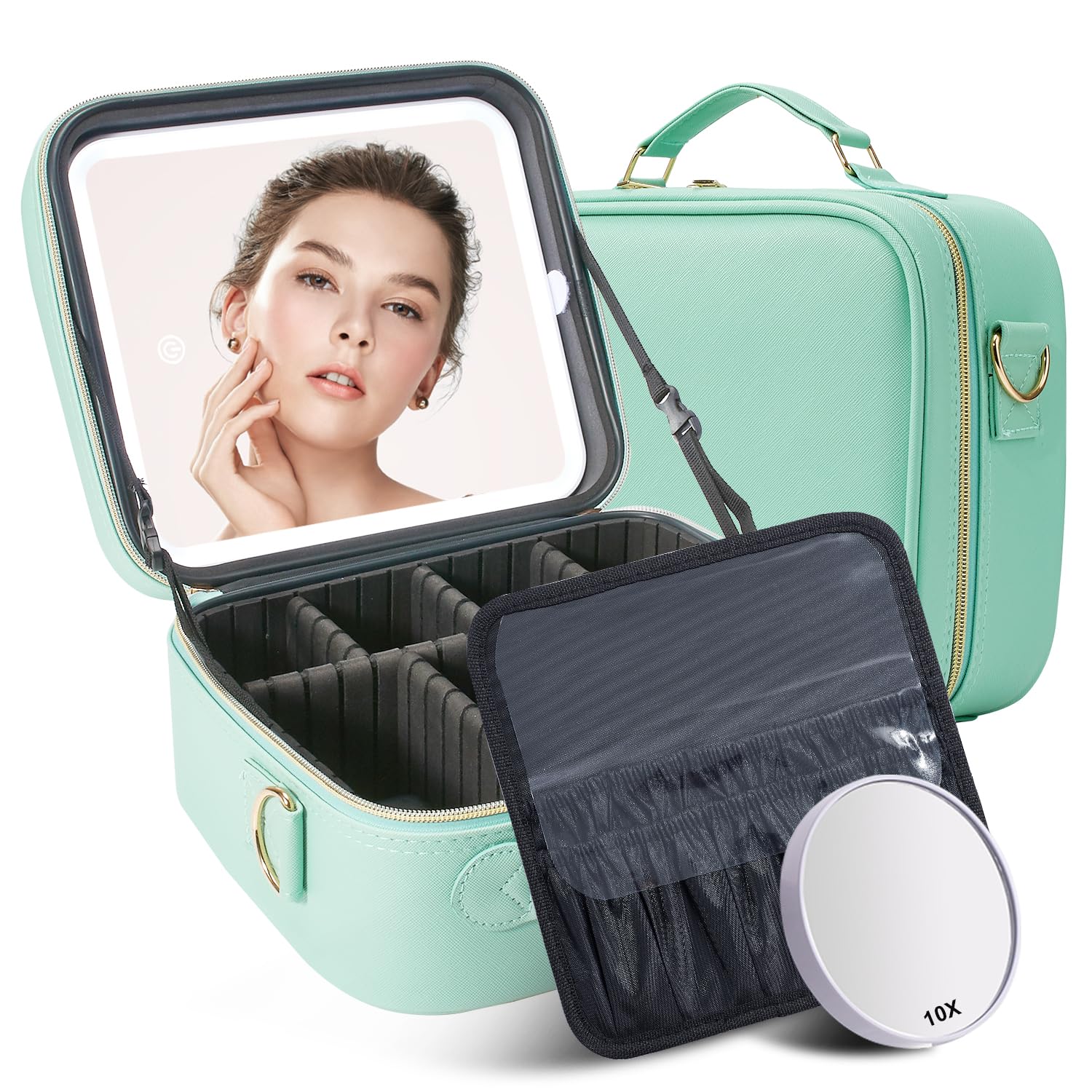 Mocado Travel Makeup Bag with LED Lighted Mirror, Travel Makeup Organizer, Makeup Case with 3 Color Lighted Setting and 10x Magnifying Mirror,