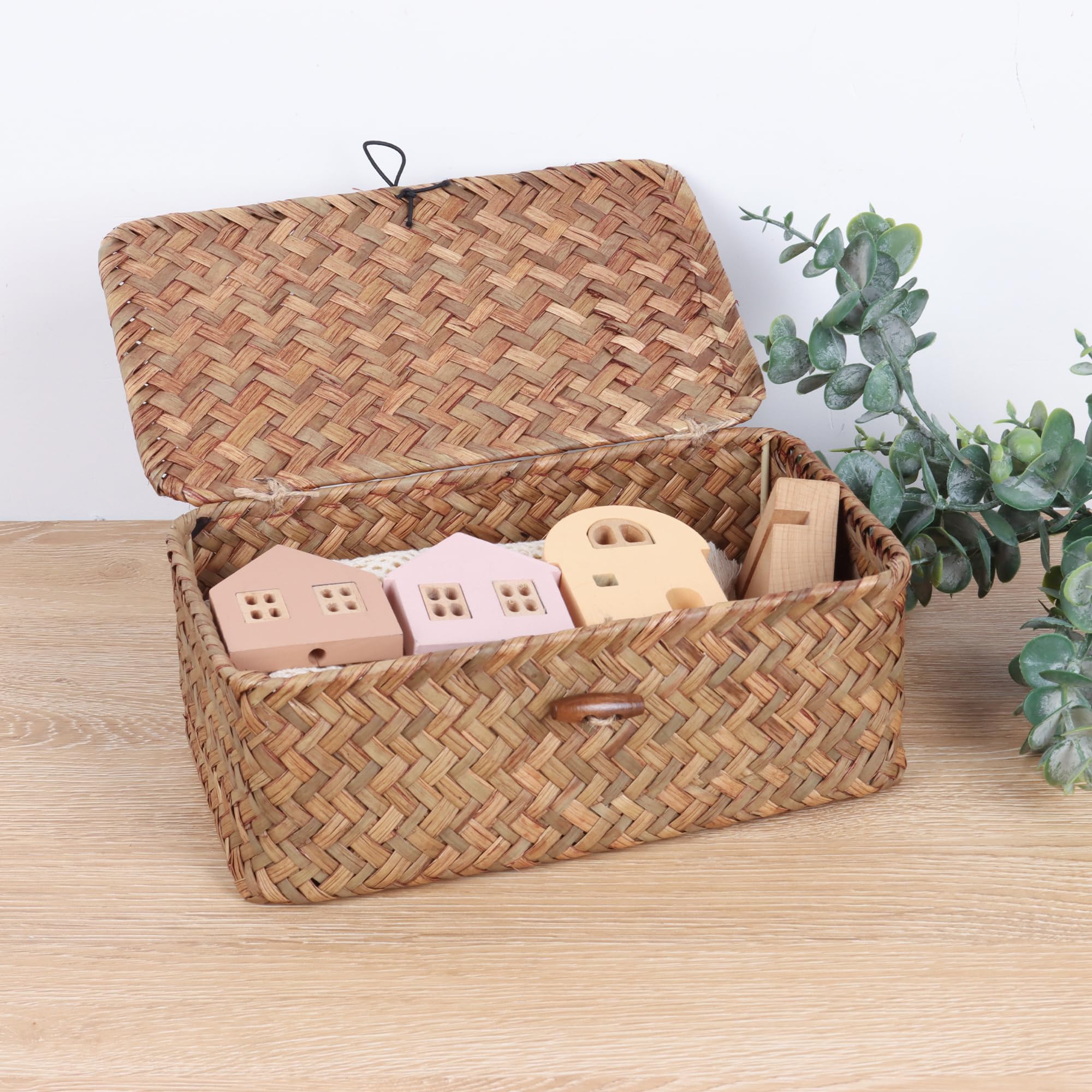 FEIALNDUO Wicker Shelf Baskets with Lid,Seagrass Storage Basket Bins Rectangular Handwoven Basket Boxes for Shelves Desktop Home Organizer (Coffee - Image 3
