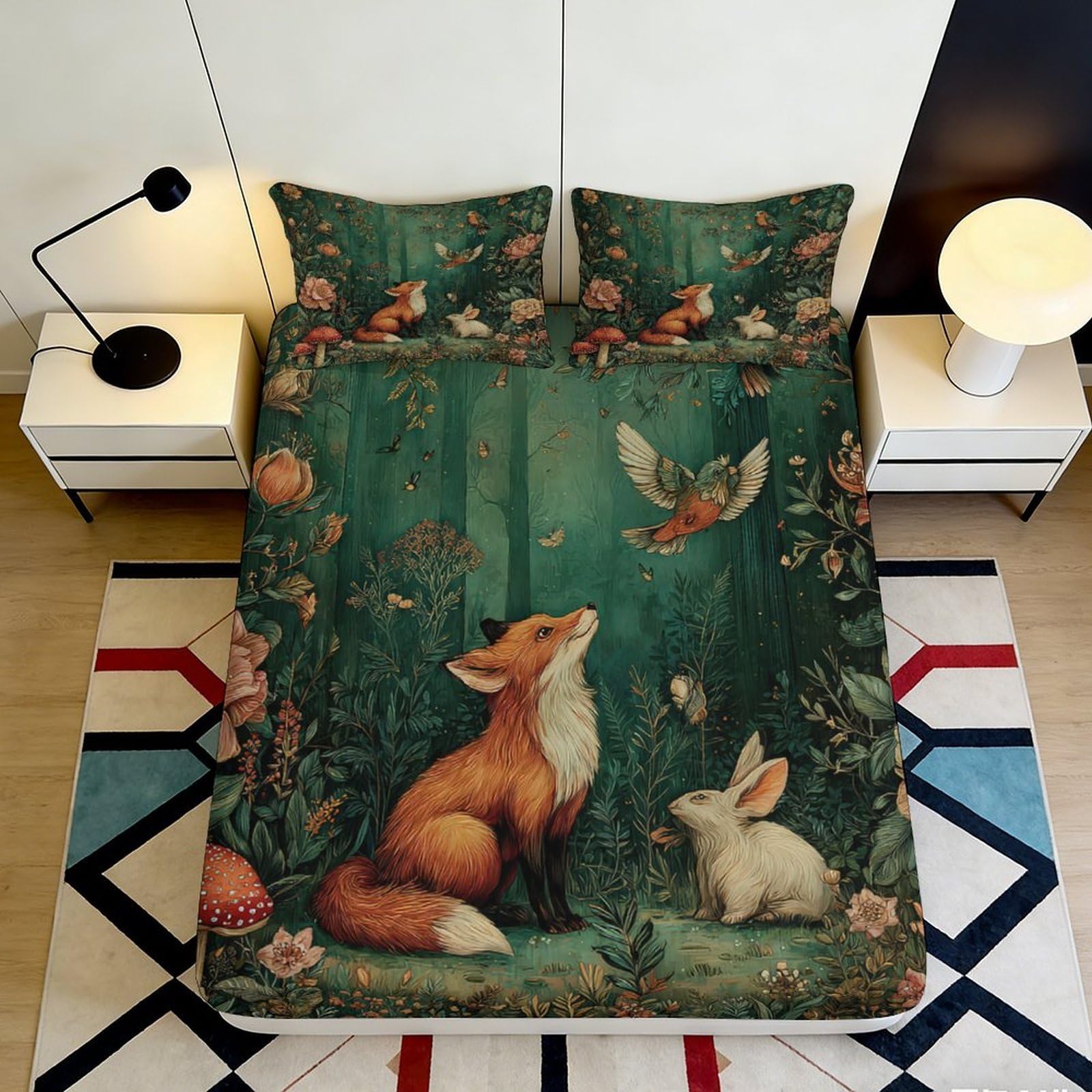 3D Printed Forest Fox Fitted Sheet Microfiber Woodland Rabbit Bed Cover Non-slip Washable for Bedroom Dorm Decor 200x200x25cm