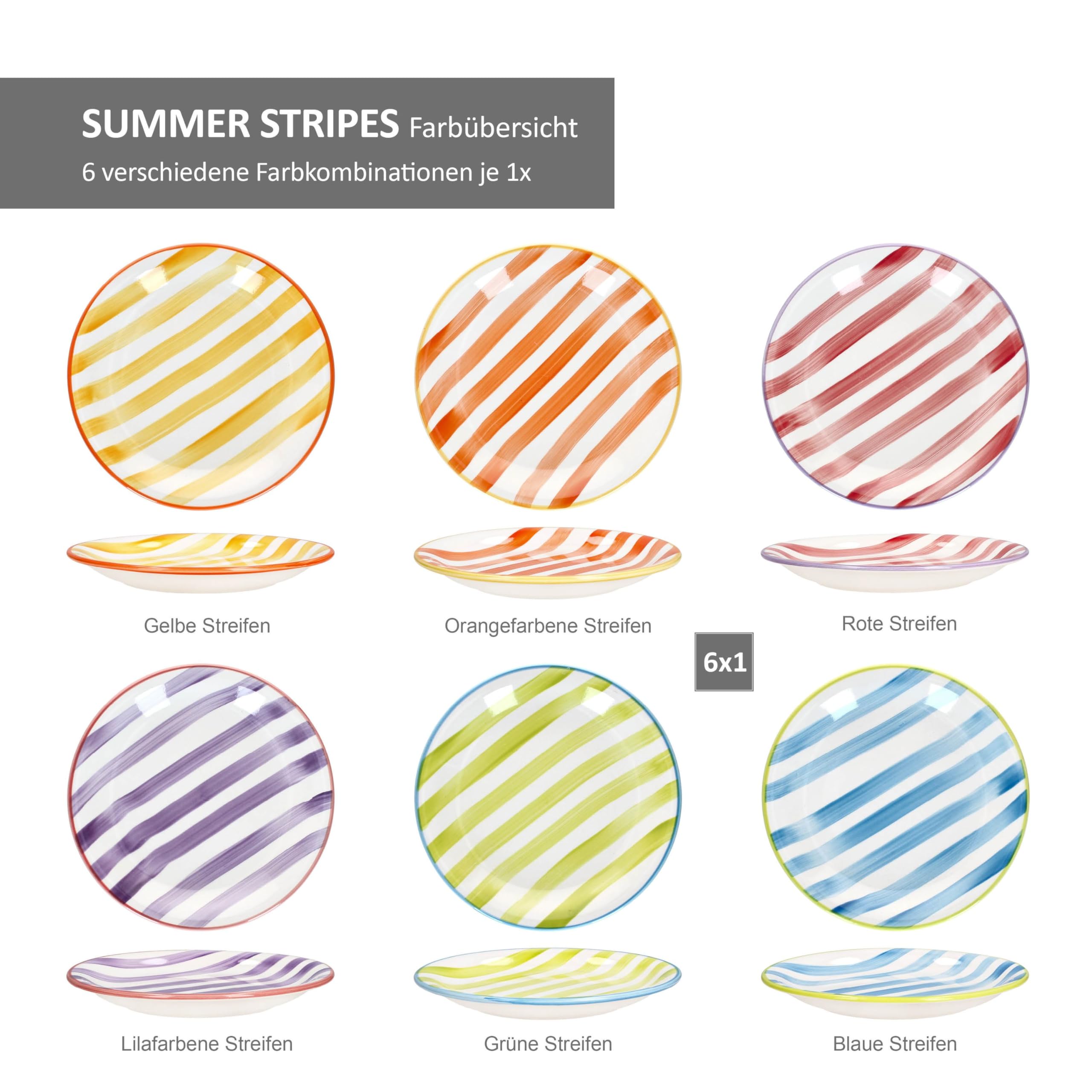 MamboCat Summer Stripes Lot de 6 assiettes à gâteau, en faïence, avec rayures colorées, pour 6 personnes, petites assiettes pour salade, dessert, amuse-bouches, etc.