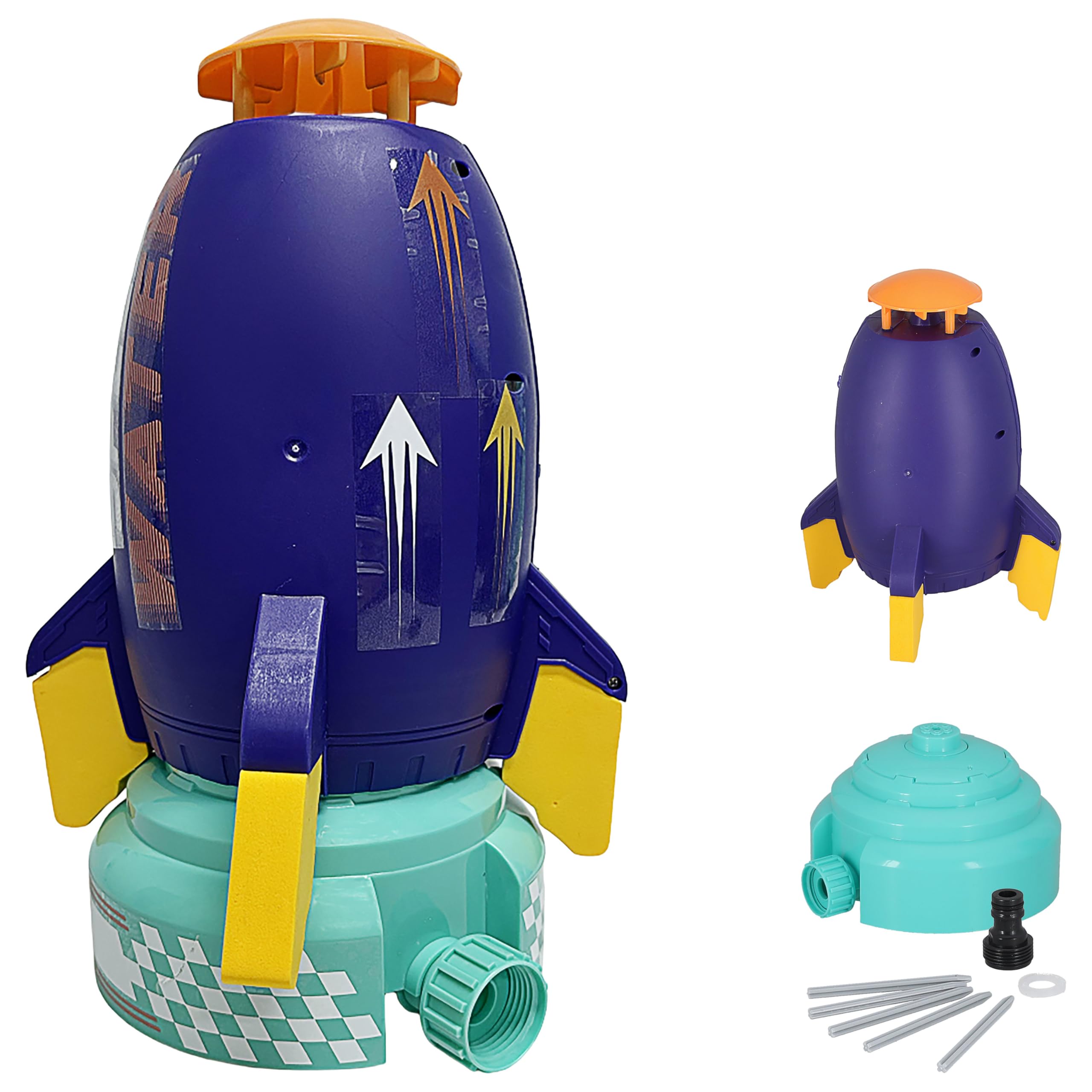 Wassersprinkler Rakete | Kunststoff 24cm Mehrfarbig | Base Schlauadapter Sticker | Kinderspielzeug Wasserfontäne Sommer | Spielgerät für den Garten