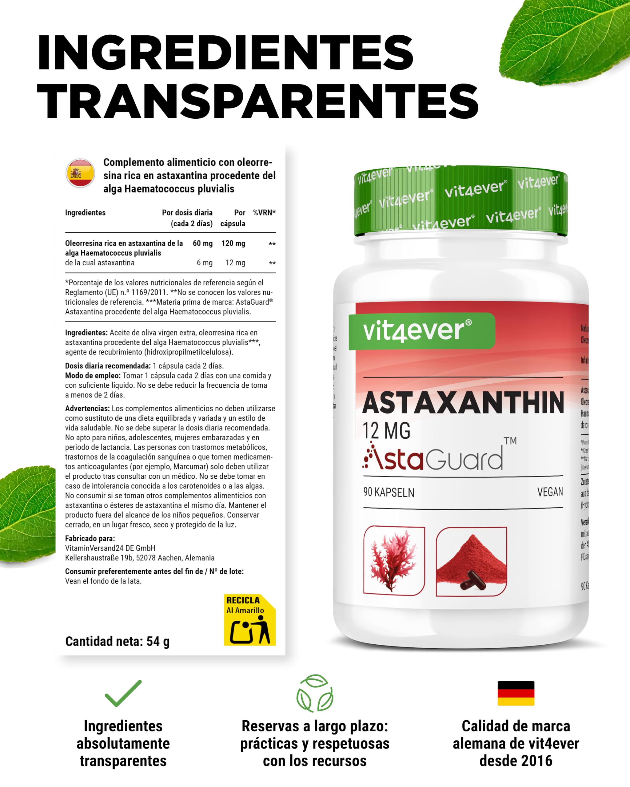 vit4ever Astaxantina 12 mg AstaGuard® - 90 Cápsulas Veganas - Alta Dosis - Suministro para 6 Meses - Oleorresina Premium de Haematococcus pluvialis