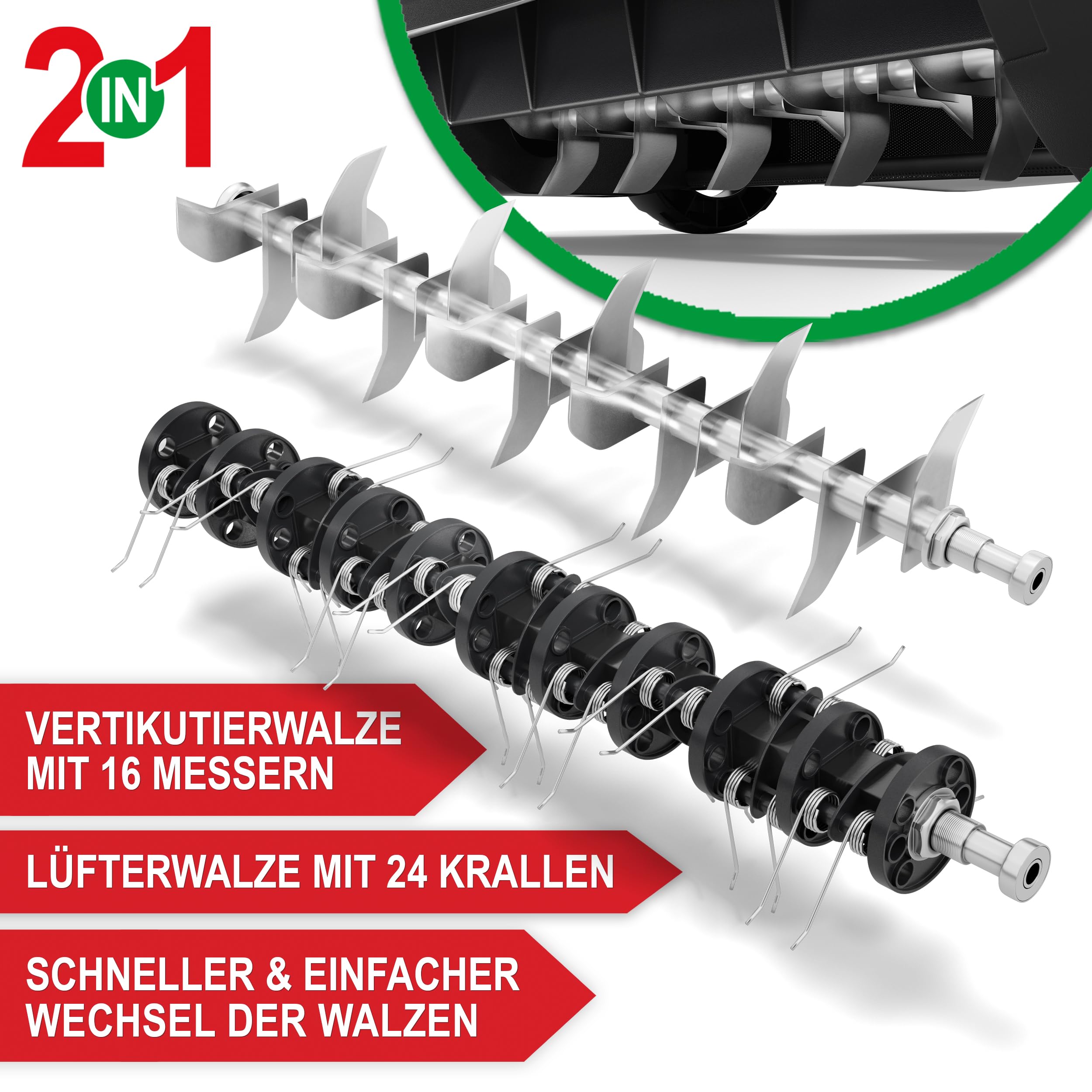 ONBEST 2in1 Elektro Vertikutierer 1800 W – 38 cm mit Fangkorb | Rasenvertikutierer mit Vertikutier- & Lüfterwalze, 45 L Fangkorb – entfernt Moos, Unkraut und Rasenfilz