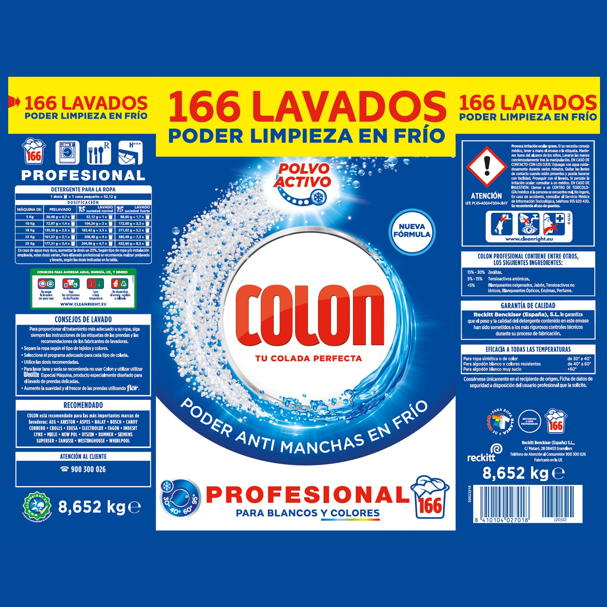 Colon Activo Profesional Polvo Detergente para la lavadora, 166 lavados