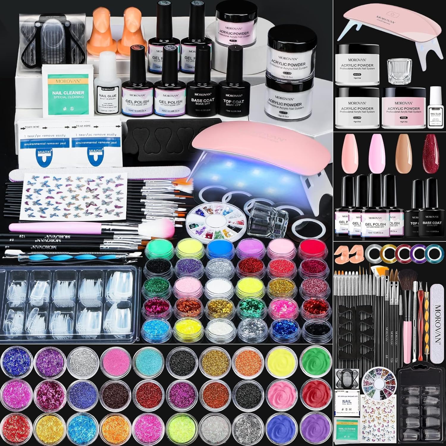 Morovan Acryl Nagel Set Anfänger: 42-in-1-Acryl Nagelset mit UV-Licht, Glitzer Pulver und Nagelreiniger für zu Hause