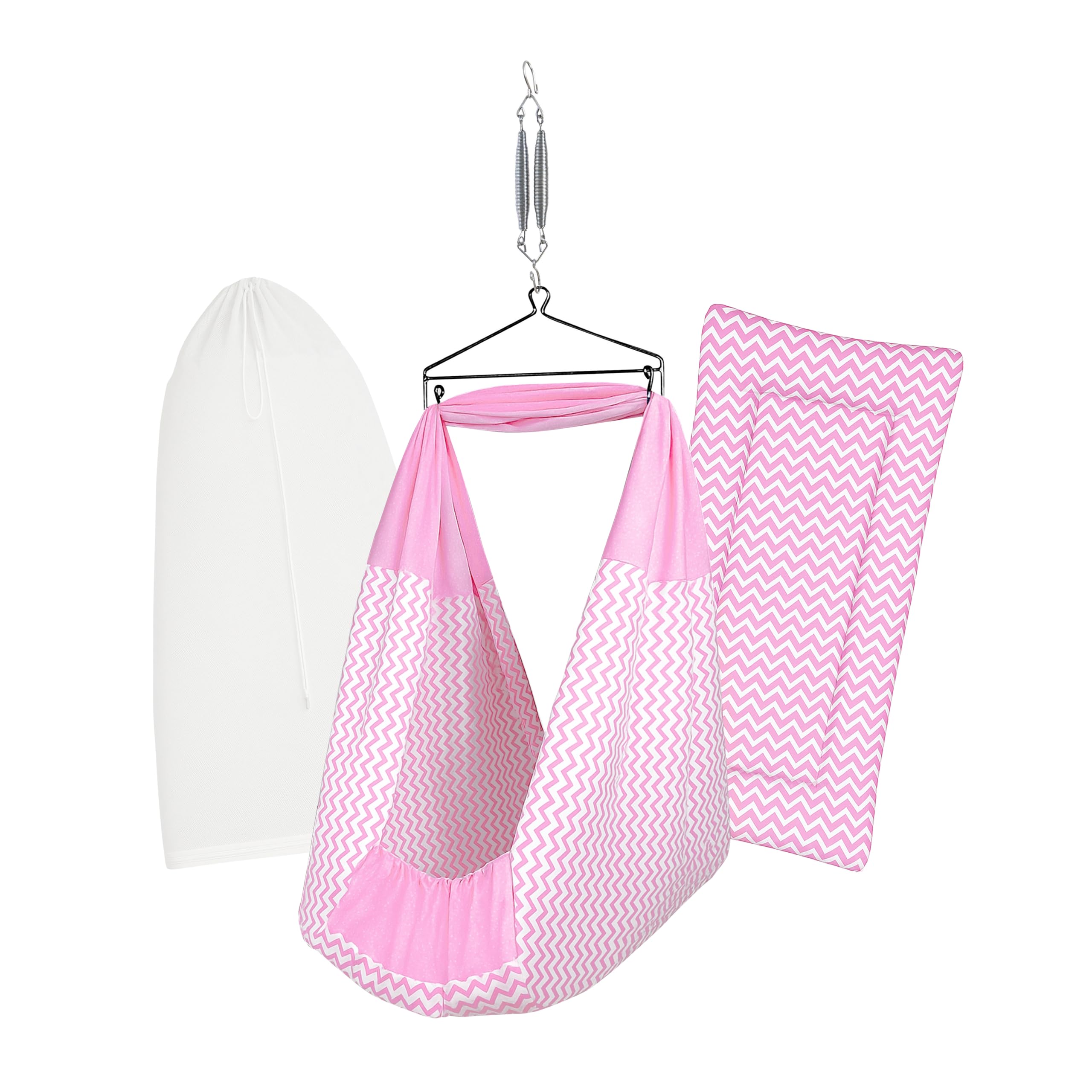 Baby Swing Cradle Set | 100% Cotton Cradle Cloth, Padded Bed, Mosquito Net, Spring, and Triangle Hanger | PRE-Pink-STRP PRINT-15854