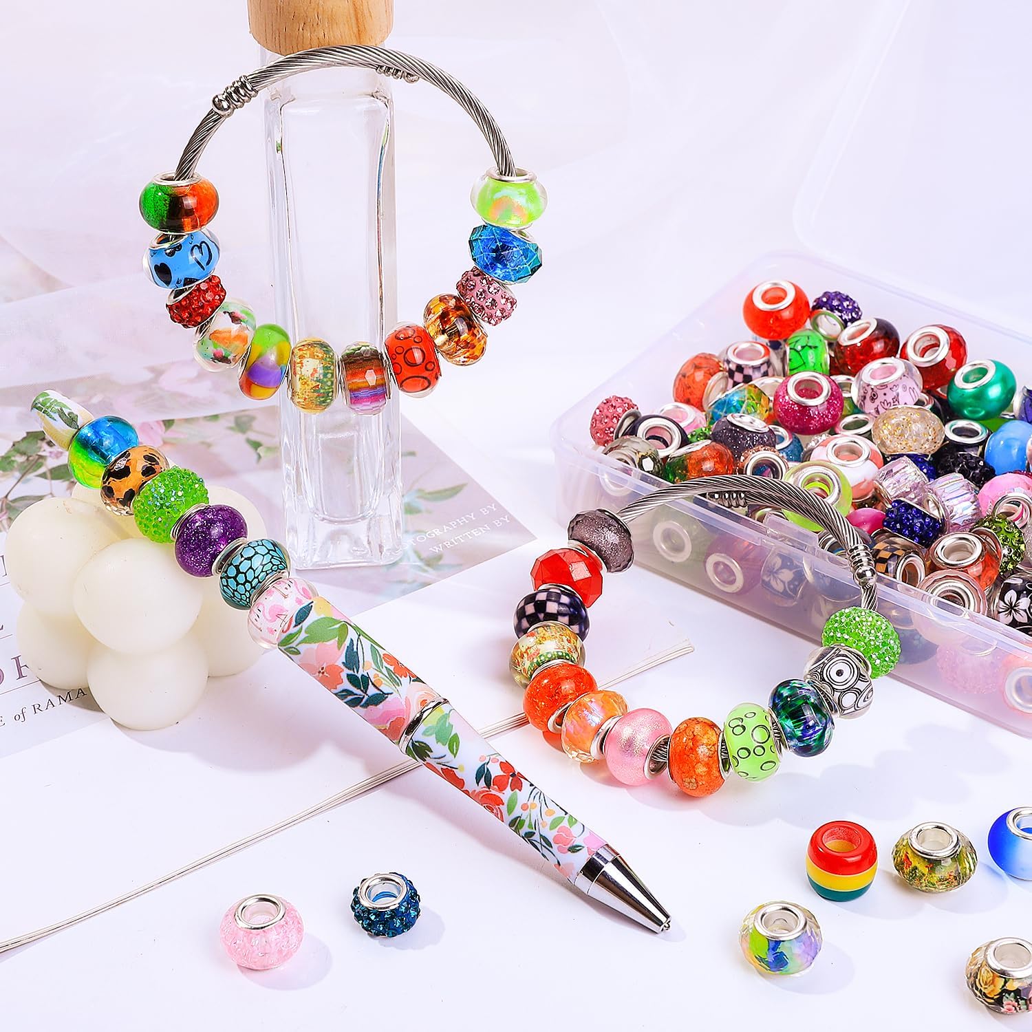 100 Mixed Color Round Large Hole European Beads for Pens, Charm Bracelet, DIY Jewelry, Crafts, Garden Stakes - Image 2