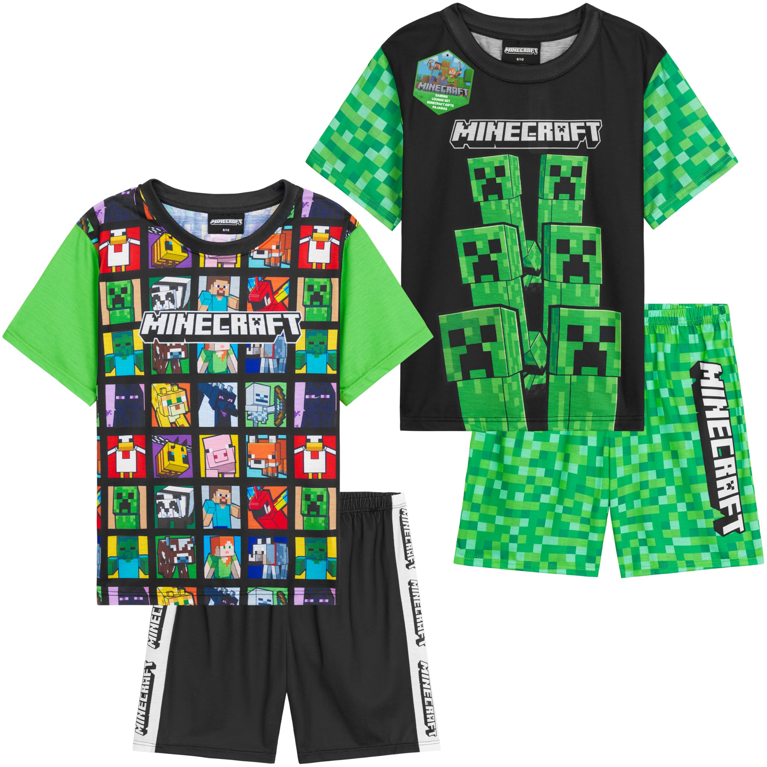 Minecraft Pajama Set for Boys, Teens, 7–14 Yrs, 1 or 2 Pack T Shirt and Shorts, Creeper PJs Loungewear, Gamer Gifts for Boys