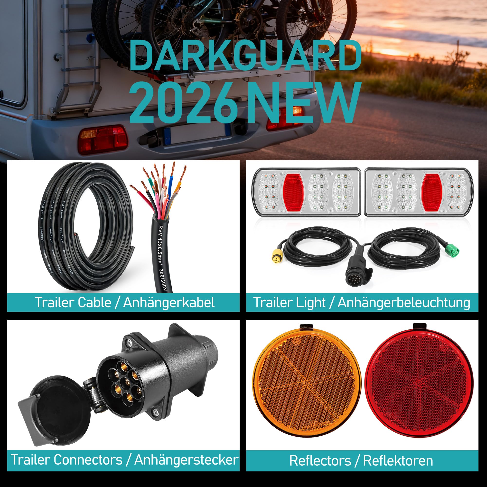 Kit Luces de Remolque 13 Pines 12V/24V Pilotos Traseros Led 7Funciones | IP65 Impermeable E57 Homologados | Conector Bayoneta 5P Pre-cableado 5,5m para Caravana, Camión, Remolque Agrícola