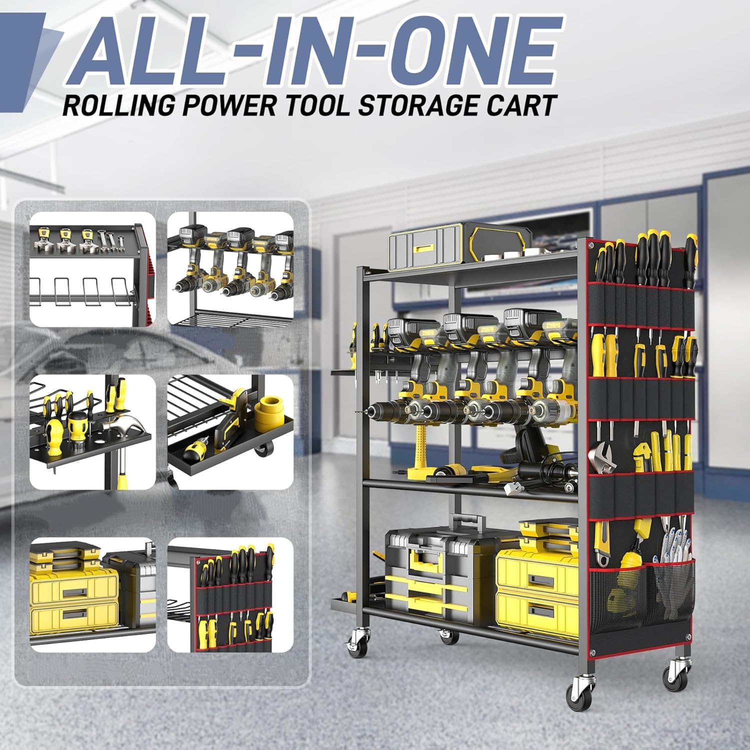 WALMANN 4-Tier Rolling Power Tool Storage Cart, Large Drill Organizer with Slots for 12 Drills, Floor Standing Cordless Tool Rack with Wheels for Garage & Workshop