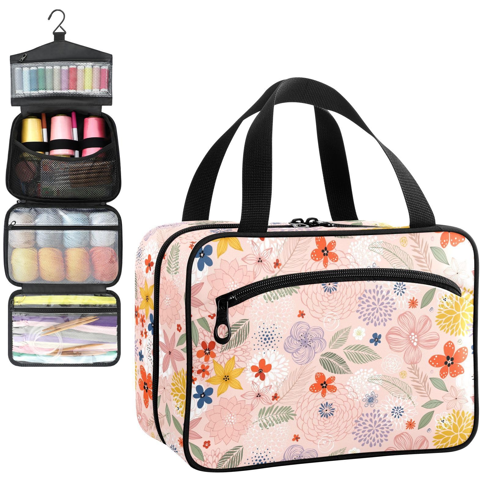 YNNALE Sewing Supply Organizer Bag, Pink Dahlia Floral Abstract Modern Farmhouse Portable Sewing Bags with Pockets&Hanger, Sewing Storage Box Case for Sew Supplies/Kit/Tools/Accessories (BAG ONLY)
