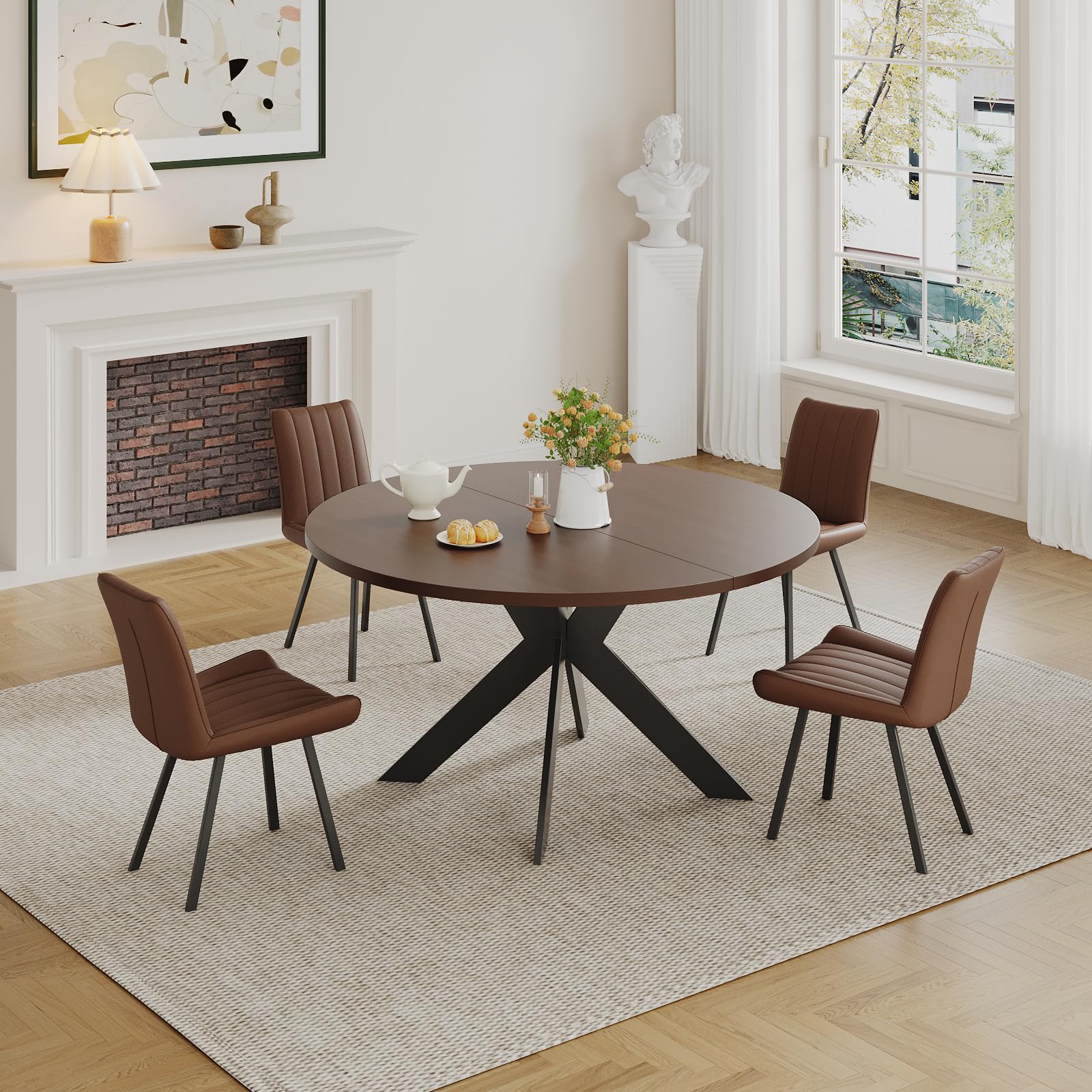 Walnut Round Dining Table Set for 4, Mid-Century Modern Kitchen Table and Chairs, Small Space Dining Room Furniture for Apartment, Breakfast Nook or