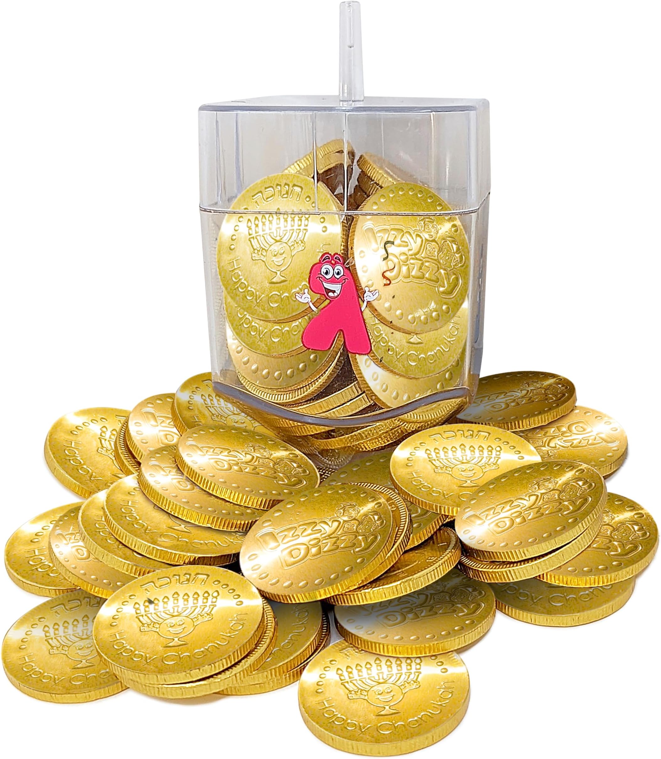 The Hanukkah Company Jumbo Gelt Chocolate Coins - Kosher Dairy Chocolate Gelt Coins - 1 Jumbo Hanukkah Dreidel Filled with 27 Chanukah Gelt Gold Chocolate Coins