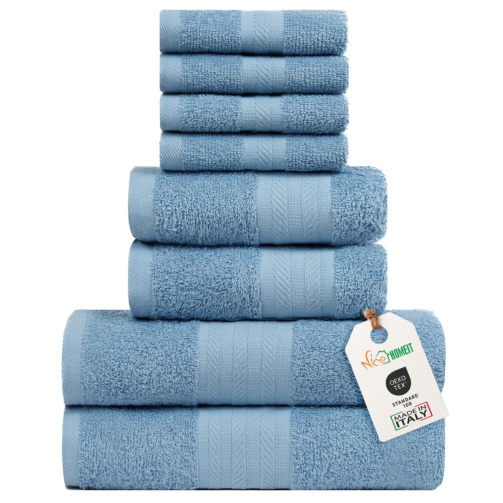 nice homeit Set Asciugamani Medie, in Cotone 100%, 8 Pezzi Asciugamani, Made in Italy. Extra Morbido Assorbente. 2 Asciugamani + 2 Asciugamani Ospite + 4 Lavette (Blu)