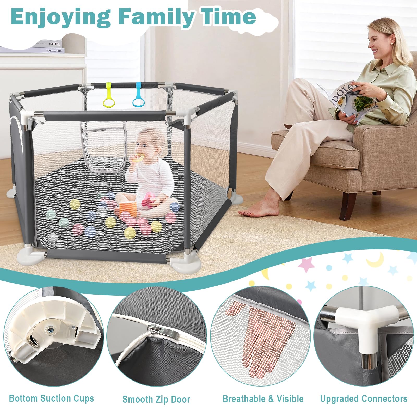 CHOLY Box esagonale per neonati con rete traspirante, recinzione attività bambini, borsa viaggio grigio scuro