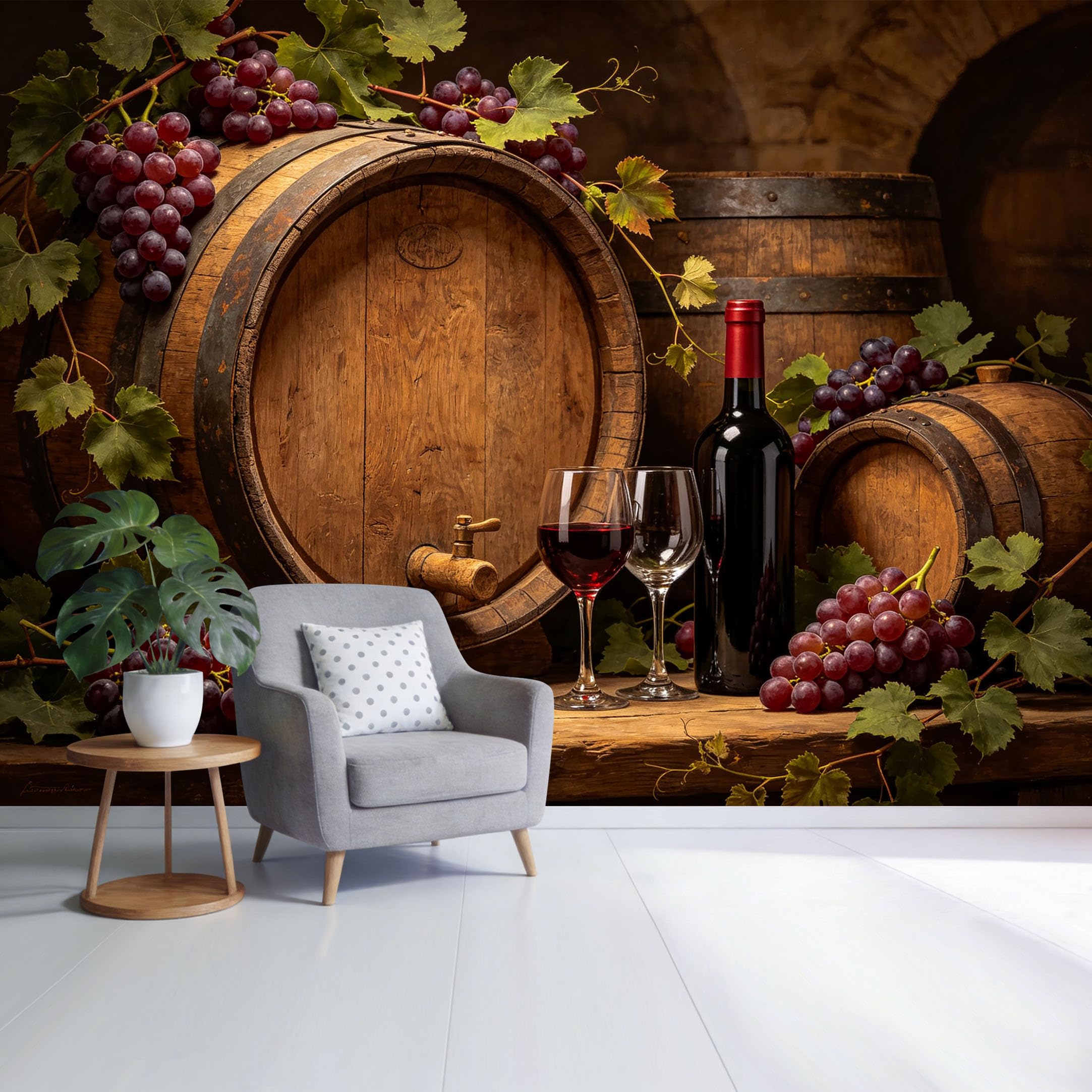 Custom Size Wall Mural Rustic Wine Barrel Cellar Grapes and Red Wine Bottle Still Life Vintage Farmhouse SelfAdhesive Wall Fabric Removable Wallpaper for Home Office Decor