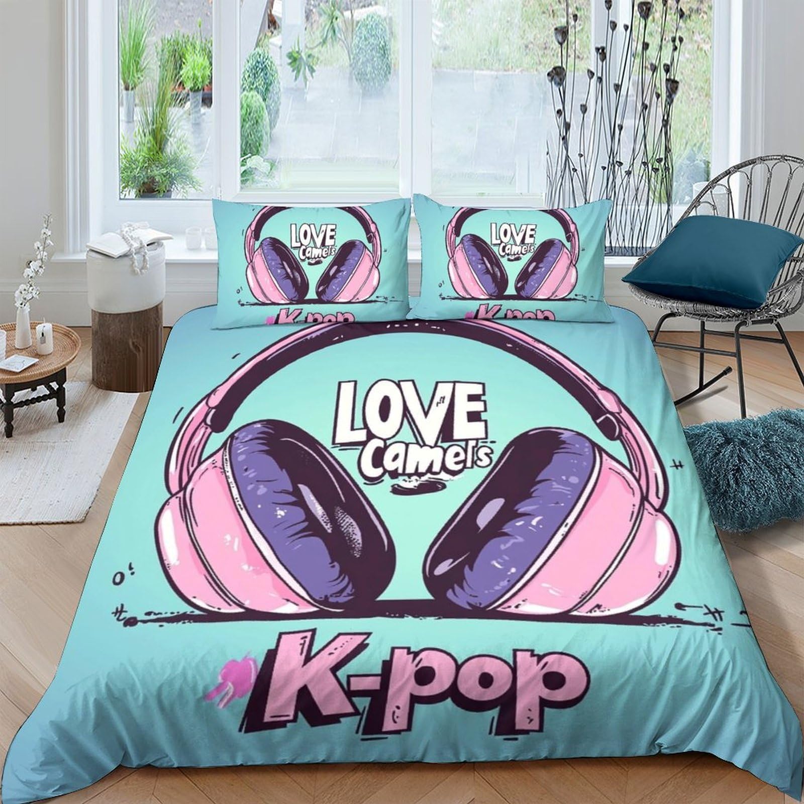 GPLZQXKJNH 3D Printed K-pop Headphone Duvet Cover Set Microfiber Soft Breathable Music Graffiti Bedding with 2 Pillowcases for Bedroom Decor Single（135x200cm）