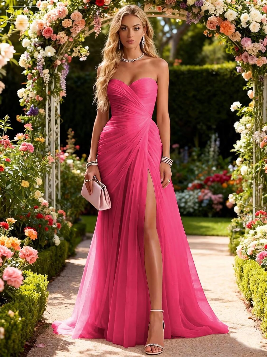 Tulle Prom Dresses for Women 2026 Pleated Strapless Formal Evening Gowns for Teens with Slit