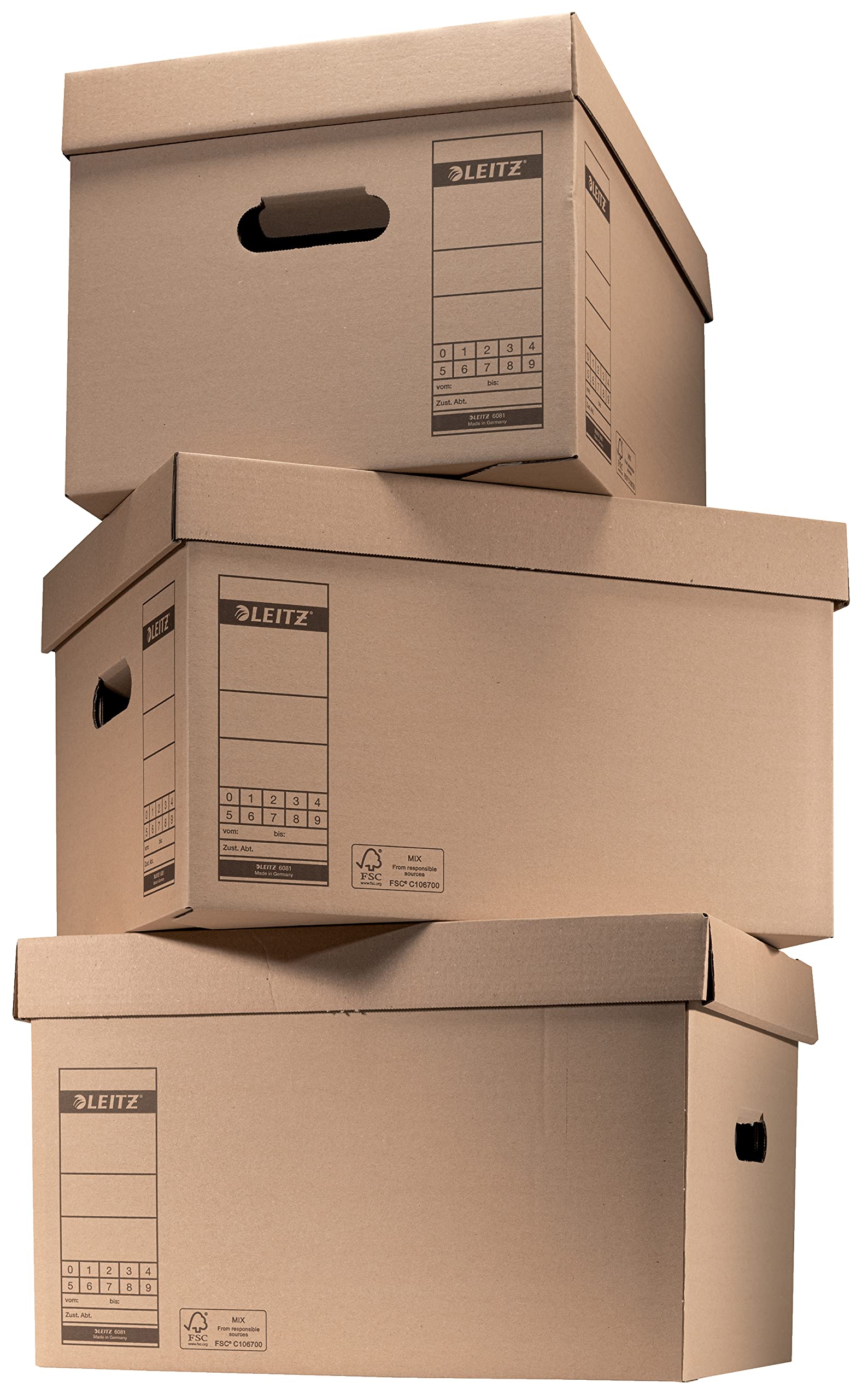 Leitz Premium 60810000 - Scatola per 4 raccoglitori A4 larghi o 7 stretti e altro ancora, con coperchio, confezione di cartone pieghevole, 100% riciclabile, 10 pezzi, marrone, 60810000