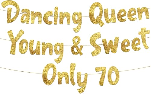 Miniatura 1 de Dancing Queen Young & Sweet Only 70 - Cartel dorado con purpurina  Decoración de fiesta de 70 cumpleaños