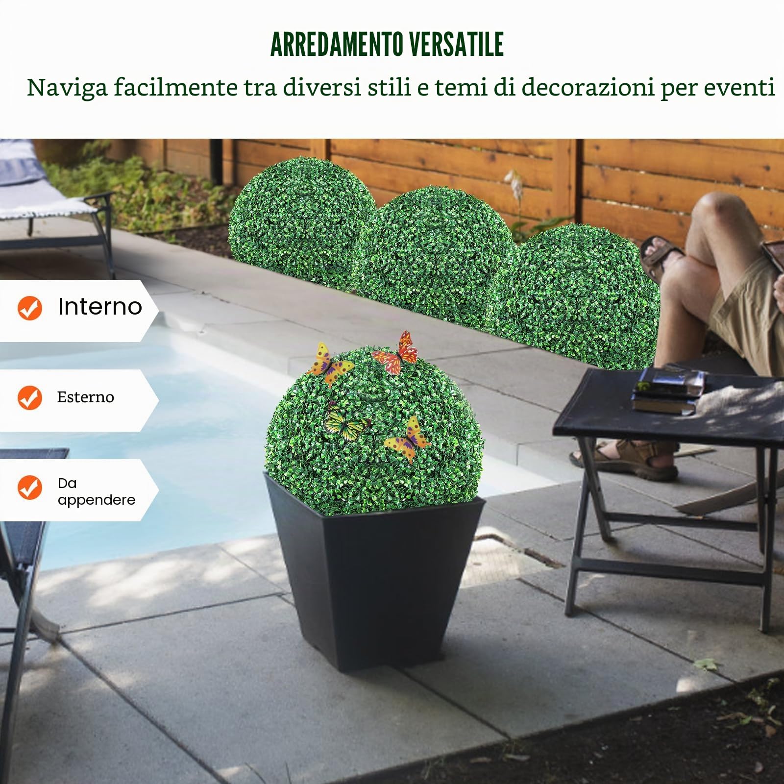 VEVOR Topiaria Artificiale in Legno di Bosso 406 mm Palla di Bosso Artificiale 2 Piante Finte in PE Foglie Intercambiabili Farfalle Decorative Decorazione Interni Giardino Terrazza Balcone Ingresso