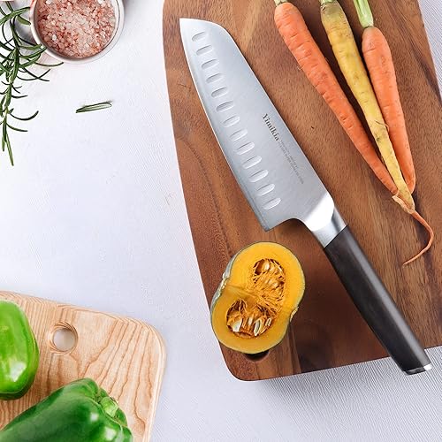 Vista 4 de Santoku - Cuchillo de cocina de 7 pulgadas, cuchillo profesional de cocina japonés de acero revestido de 5 capas, cuchillos de chef con caja