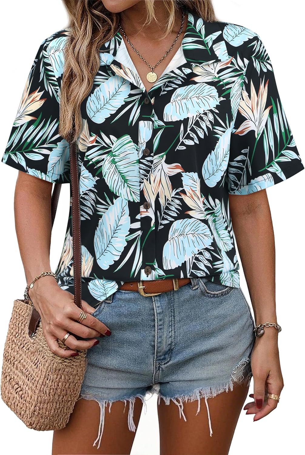 ChainJoy Women's Hawaiian Shirts Short Sleeve Button Down Soft Cool Floral Tropic Print Casual Blouse Tops
