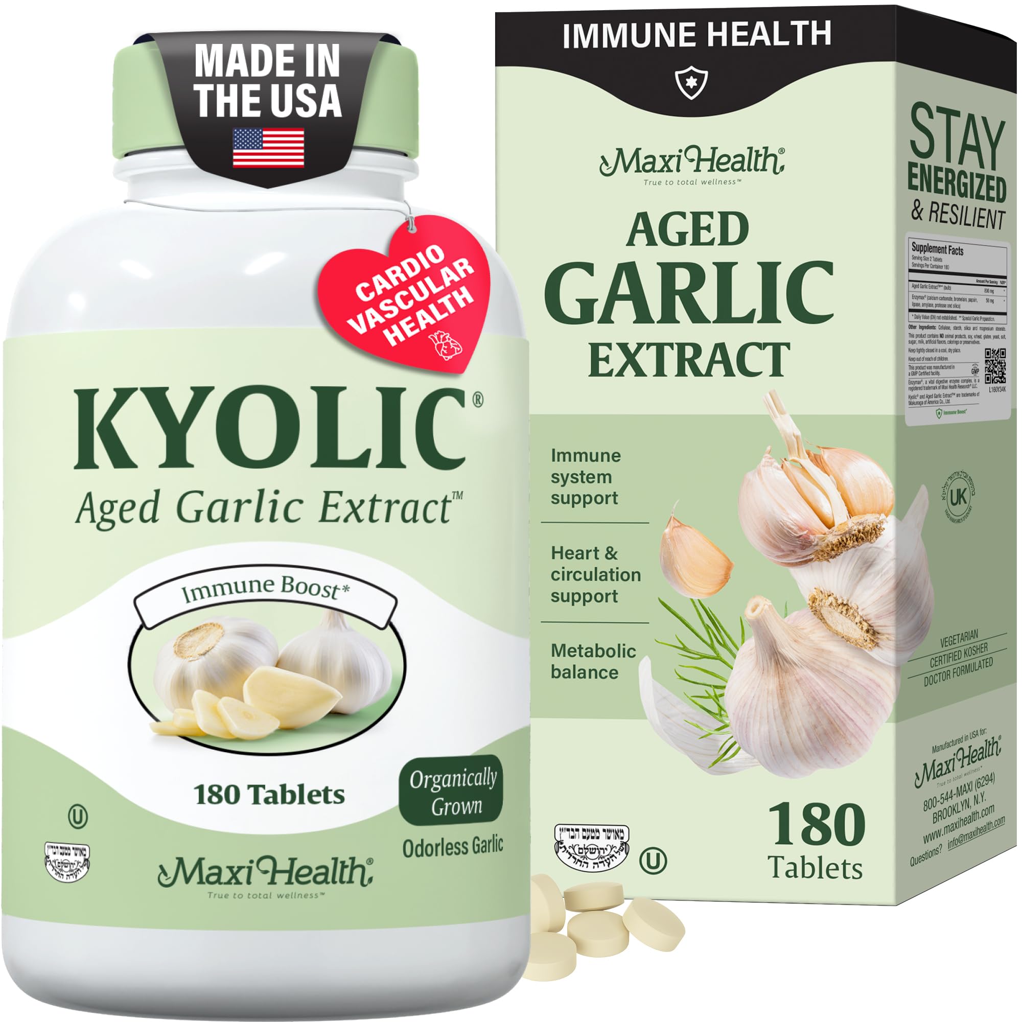 Kyolic Organic Garlic Supplement - Kosher Garlic Tablets with Kyolic Aged Garlic Extract for Immune Support - Vegetarian Garlic Pills (180 Count)
