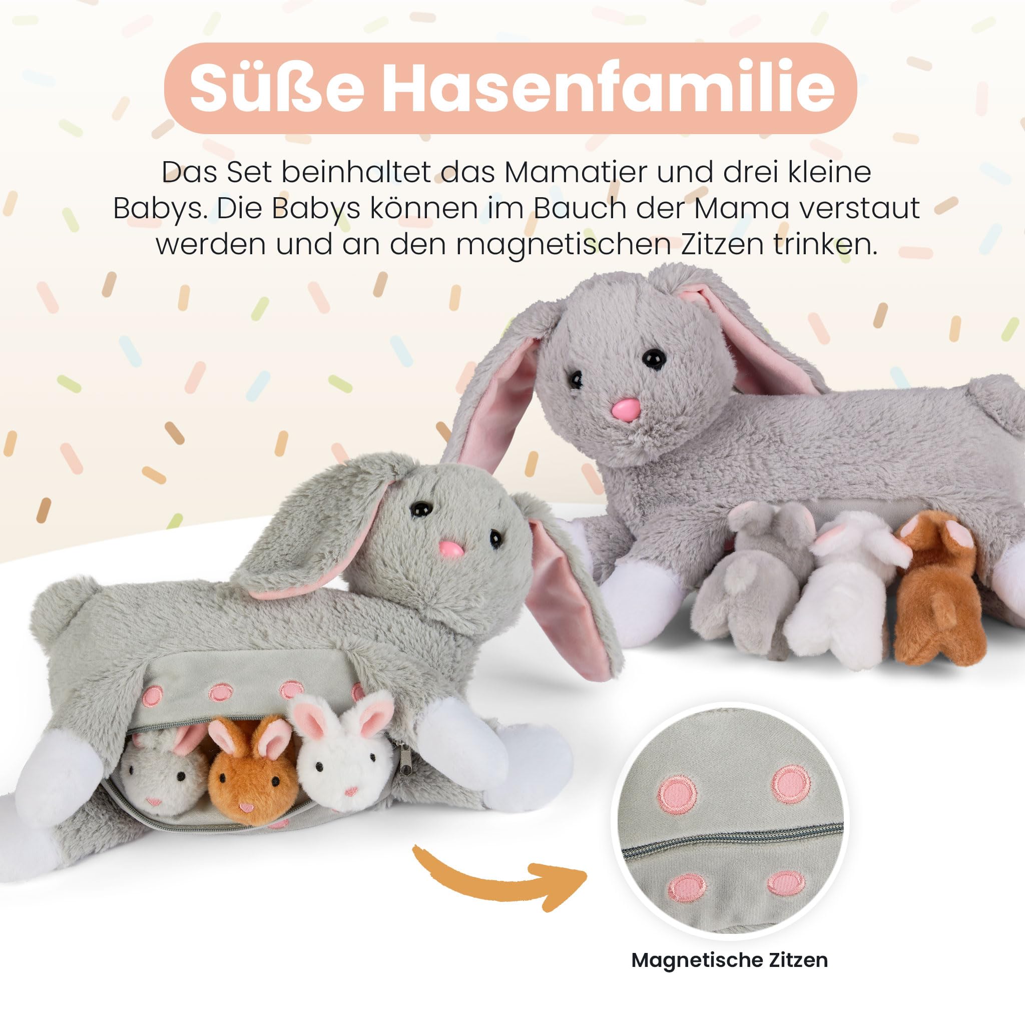 Mamanimals Rabbit Cuddly Toy with 3 Baby Rabbits, Babies Stowed in the Belly with Zip - Image 3