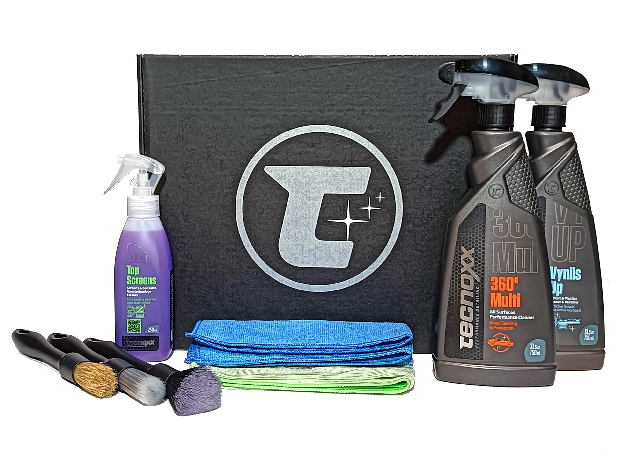 Tecnoxx - Kit Detailing 360 Set di 3 Prodotti per Pulizia Interna ed Esterna delle Auto con Idratante per Cruscotto Pulisci Schermi Touch Prodotto Multifunzione Set di Pennelli e 2 Panni in Microfibra
