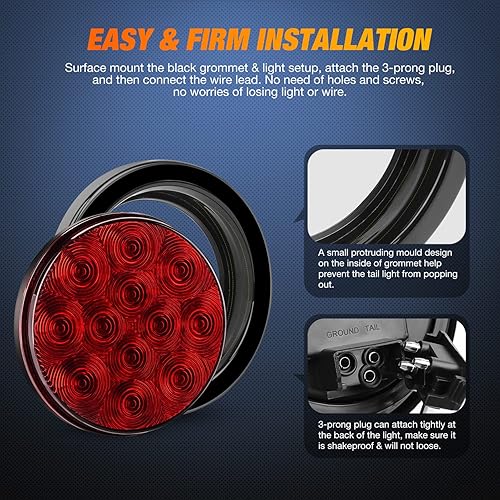 Miniatura 14 de Nilight Luz de faro trasero, redonda, 4 pulgadas, 2 piezas, 24 luces LED blancas, parada, freno, giro, ojales de montaje empotrado, impermeabilidad