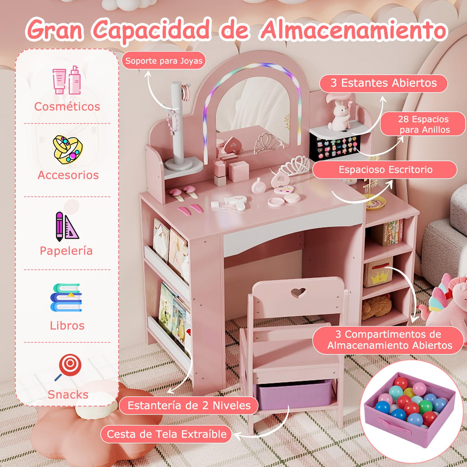 COSTWAY Tocador Niña con Espejo y Luces, Tocador de Maquillaje Niña con Estantes Abiertos, Soporte para Joyas, Estantería de 2 Niveles y Caja de Tela, Mesa de Maquillaje para Niñas de 3+ Años (Rosa)