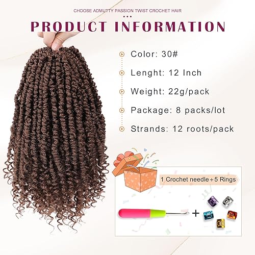 Miniatura 2 de Admutty Pelo de ganchillo pretrenzado de 12 pulgadas, cabello de ganchillo Passion Twist 8 paquetes de cabello pretrenzado de Passion Twist, cabello