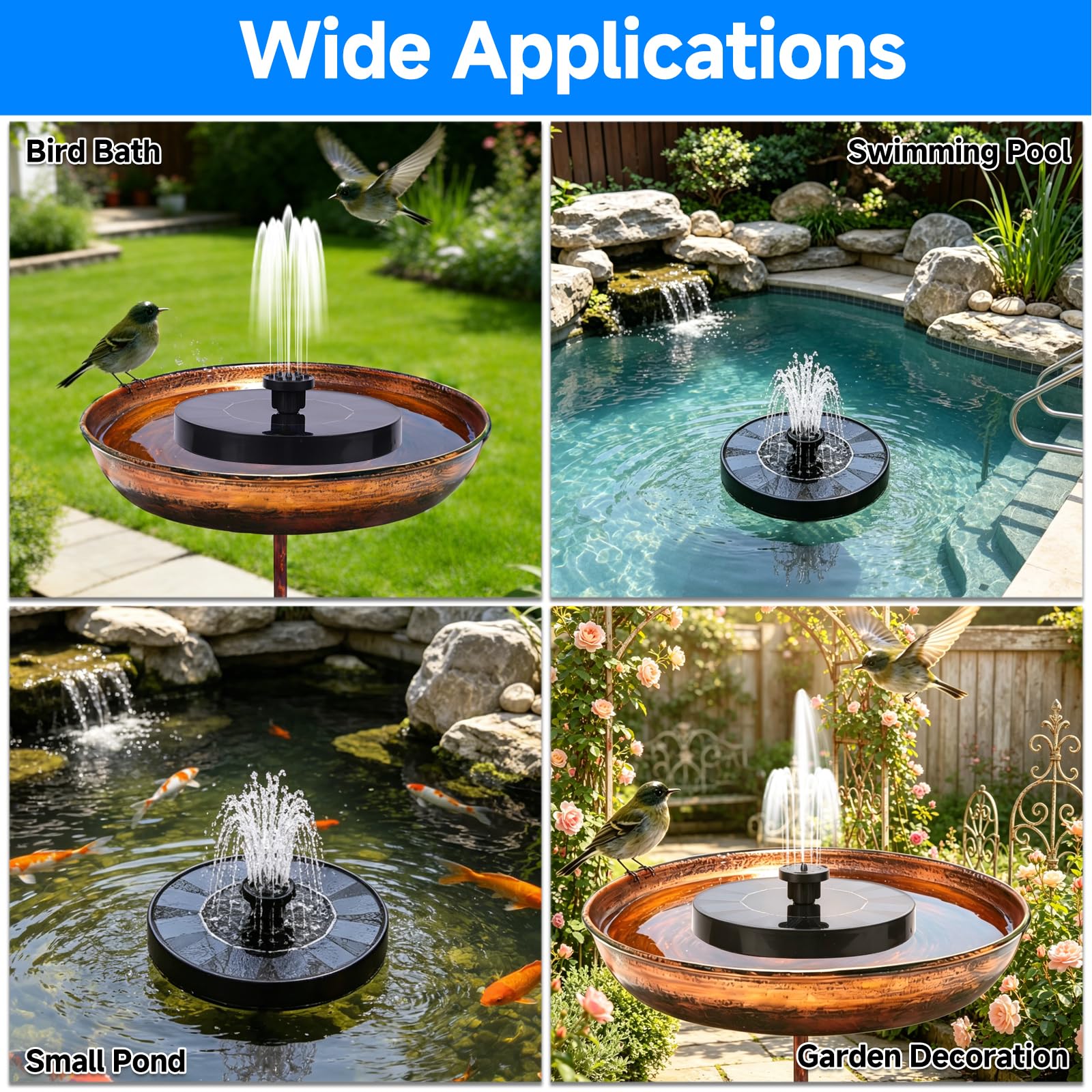 Fontana Solare da Giardino, Pompa Solare per Fontana con 6 Ugelli, Fontana Galleggiante da Esterno per Laghetto, Piscina, Acquario, Bagno per Uccelli e Decorazione Giardino