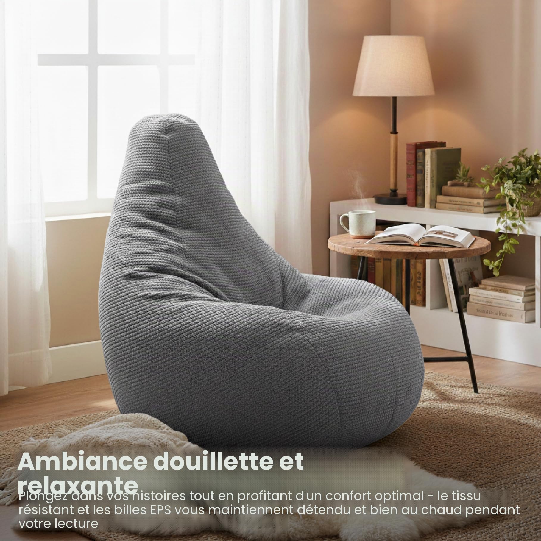 Loft 25 Pouf ergonomique d’intérieur en forme de poire à dossier haut pour adulte en tissu velours côtelé et doublure intérieure Gris anthracite