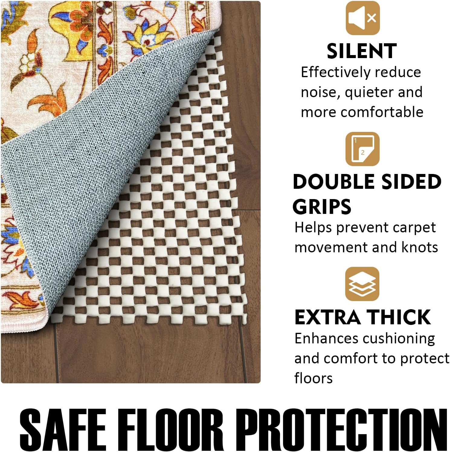 Non Slip Rug Pad Rug Gripper for Hardwood Floors, 9x12Ft Anti Skid Mat for Under Area Rugs, Thick Cushioned Carpet Pad for Floor Protection