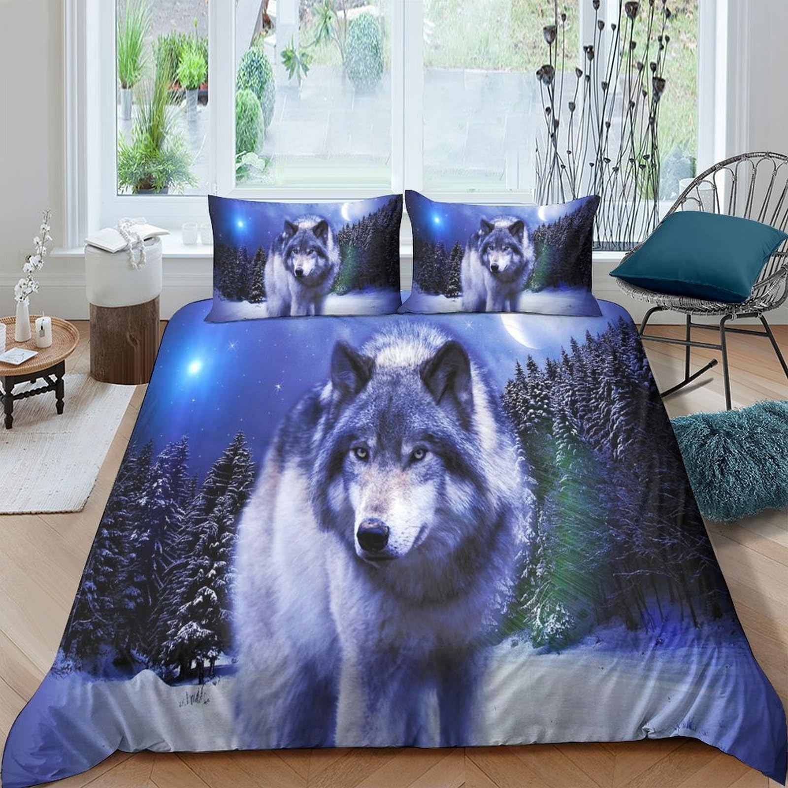 Ctjqhvkz Style-2 3D Printed Wolf Forest Fitted Sheet Microfiber Soft Breathable Night Sky Bed Cover For Bedroom Dorm Mattress Decor Single（135X200cm）