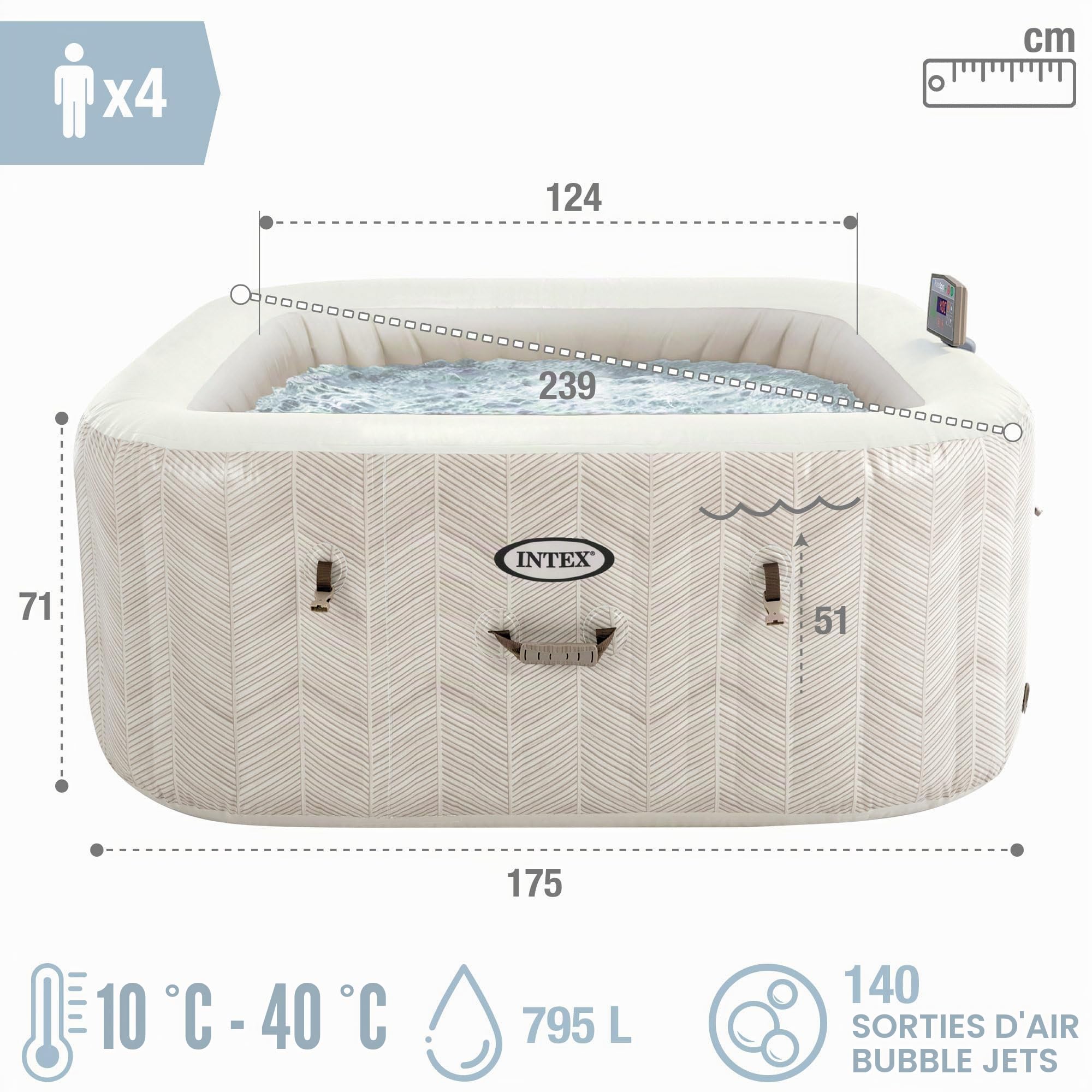 Intex Spa Gonflable carré Chevron Deluxe 4 Personnes, 175 x 175 x 71 cm, Chauffage 2 200 W, Bulles d'air Chaud, chlorateur salin, épurateur avec Filtre S2 (1 741 l/h), Accessoires Inclus (55092)