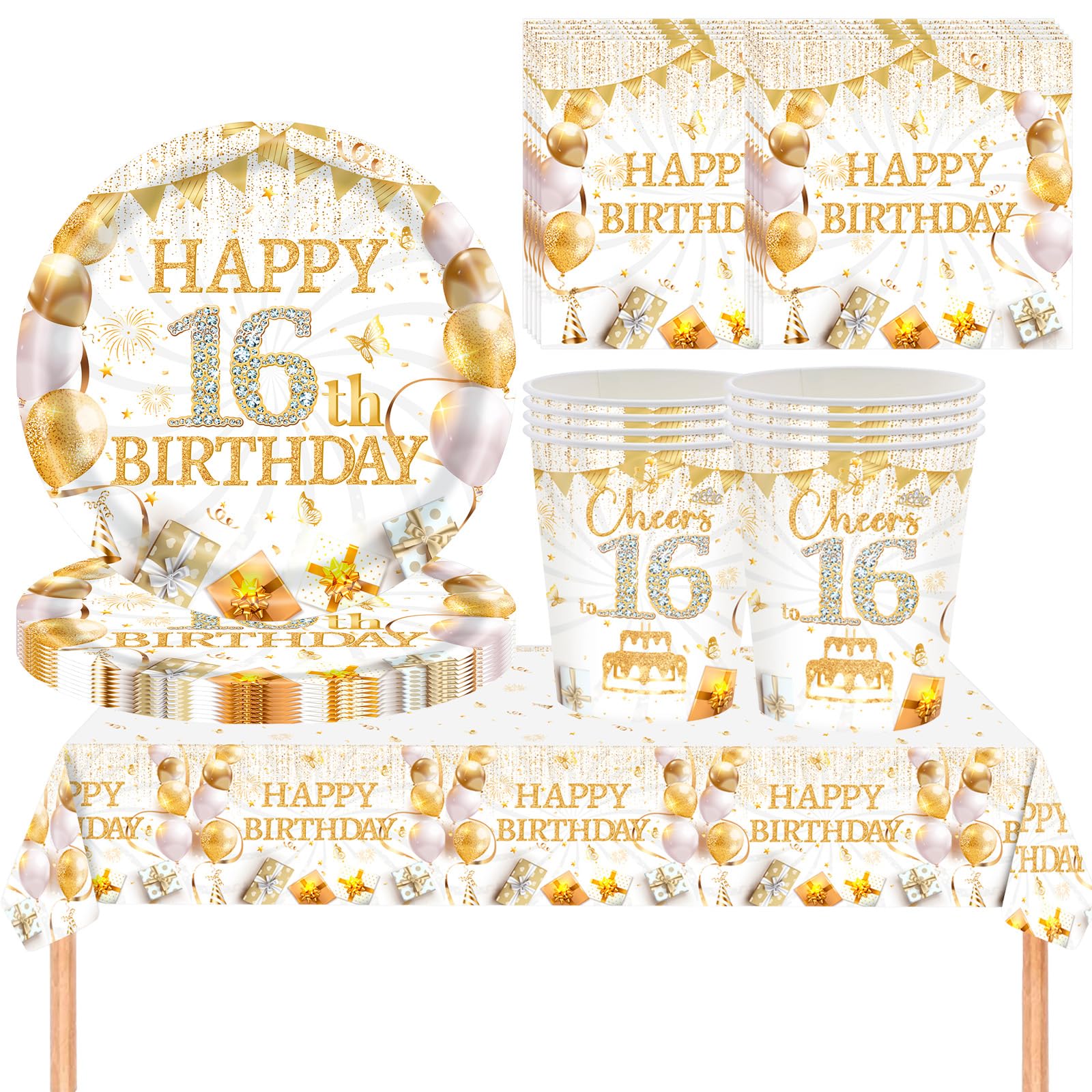 YESAH 53P 16th Birthday Party Tableware Set,White Gold Paper Dinnerware Set — image 1