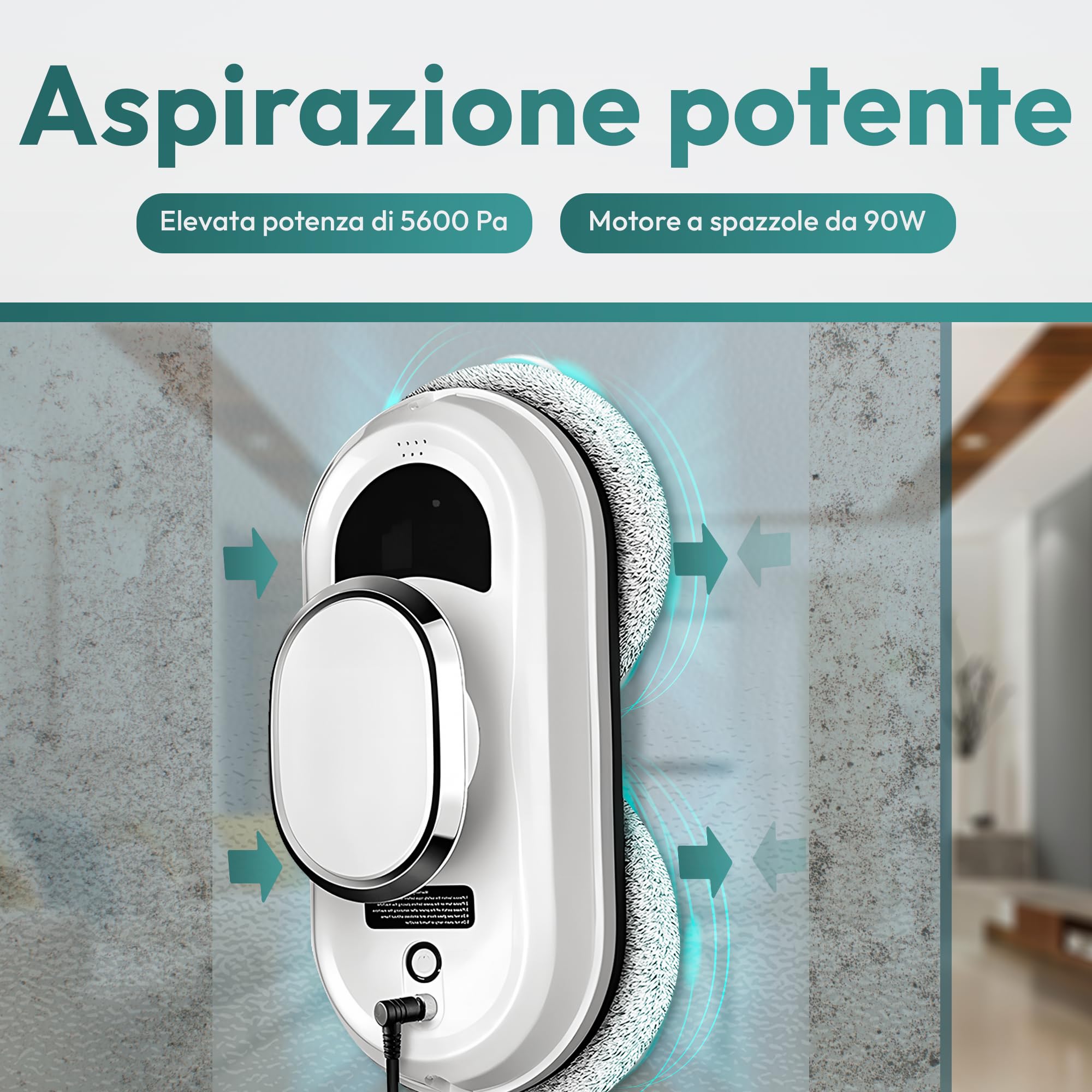 JUPPLIES Robot Lavavetri Elettrico 90W con Aspirazione 5600Pa – Lava Vetri Automatico per Finestre con 3 Modalità, Batteria di Emergenza, Telecomando e Sistema Anticaduta – Silenzioso, 4min/m²