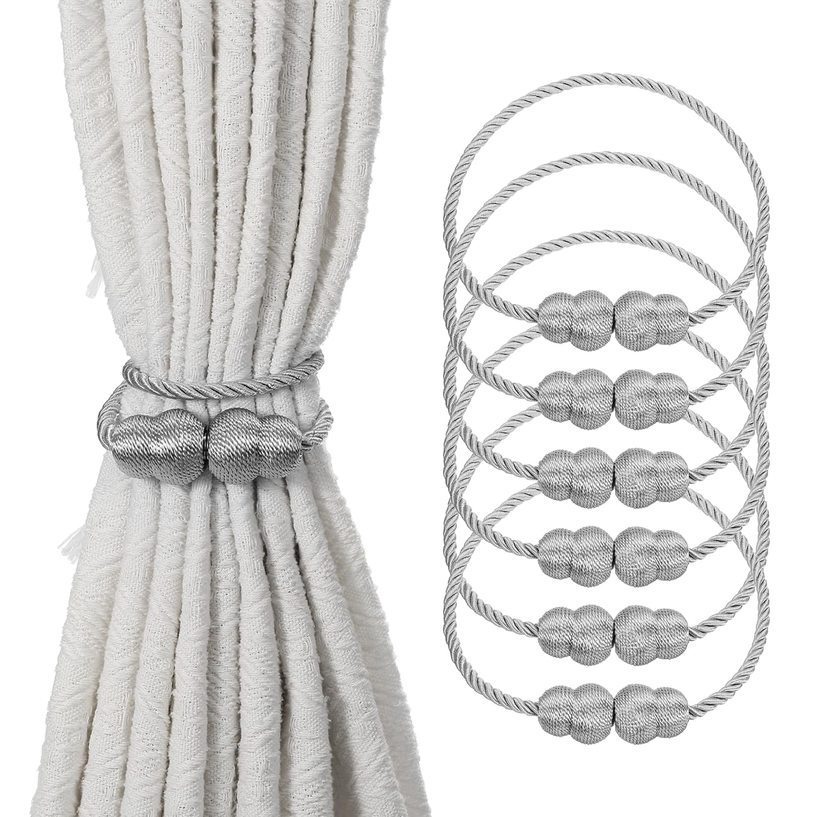 sourcing map 6Pcs Magnetic Curtain Tiebacks, Elegant Weave Curtain Tie Backs Decorative Window Treatment Holdbacks for Drape Home Bedroom Living Room Office Decoration, Silver Grey