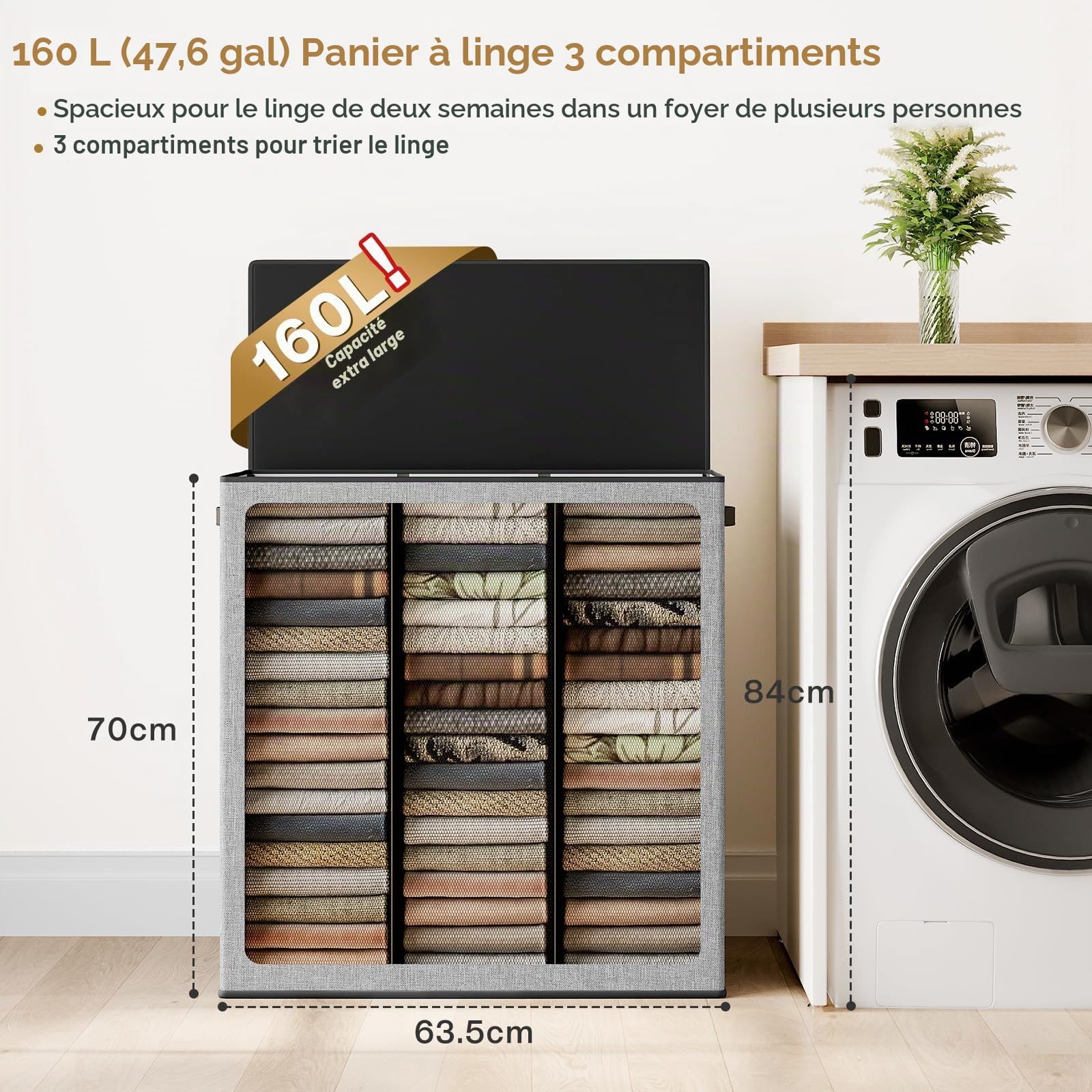 SOLEDI Panier a Linge avec Couvercle, Panier à Linge 3 Compartiment, 160L Corbeille a Linge, Paniere a Linge Sale pour Récupérer le Linge et Faire le Tri, Bac a Linge pour Buanderie, Gris