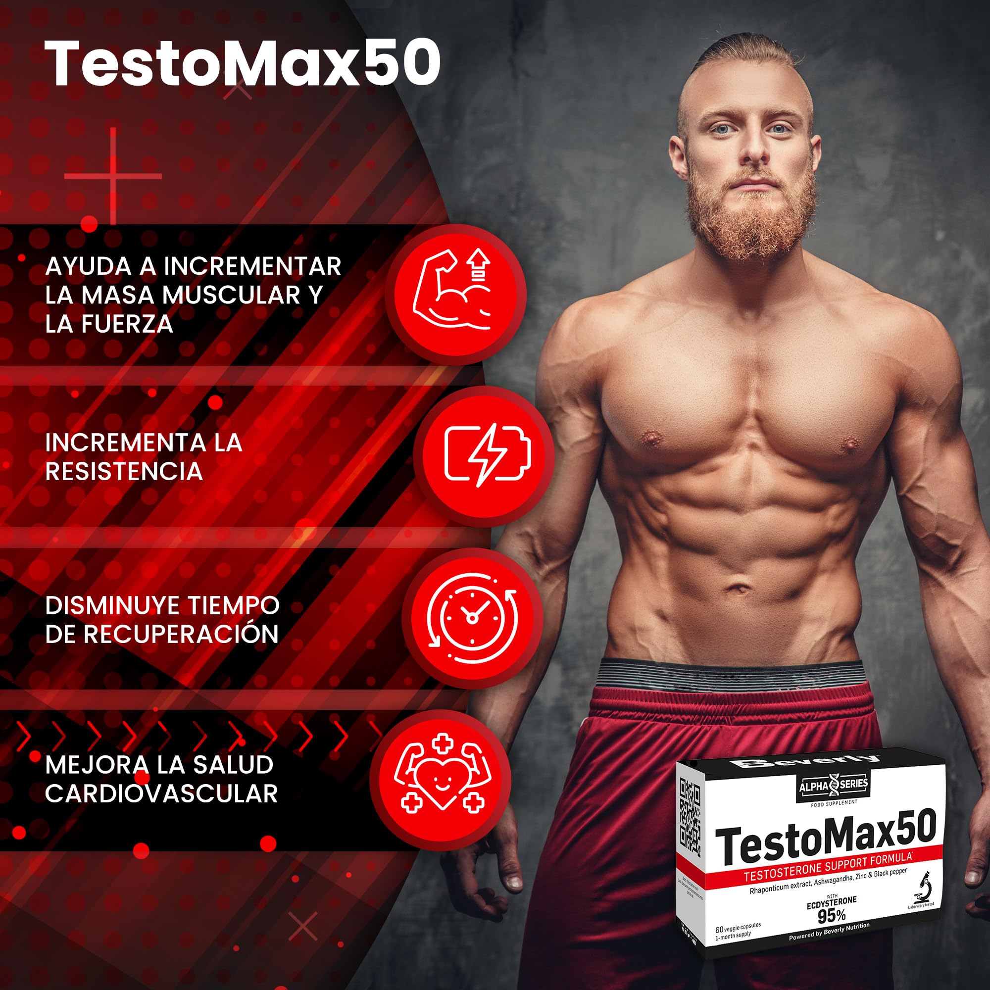 Beverly TestoMax50 - Potenciador natural de la testosterona - 60 cápsulas vegetales - 60 servicios - Masa muscular, fuerza y rendimiento