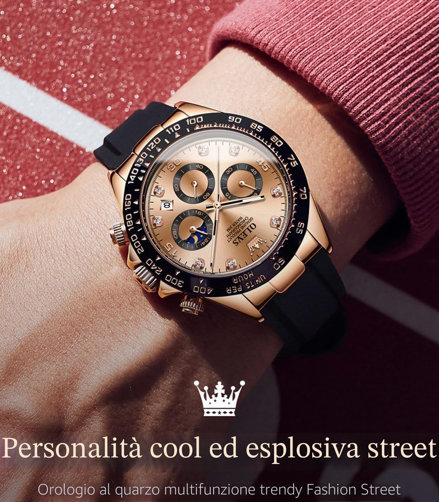 OLEVS Orologi da uomo al quarzo impermeabile cronografo analogico multifunzione fase lunare silicone diamante luminoso orologio da polso, nero argento, cronografo, digitale, Oro rosa, Cronografo