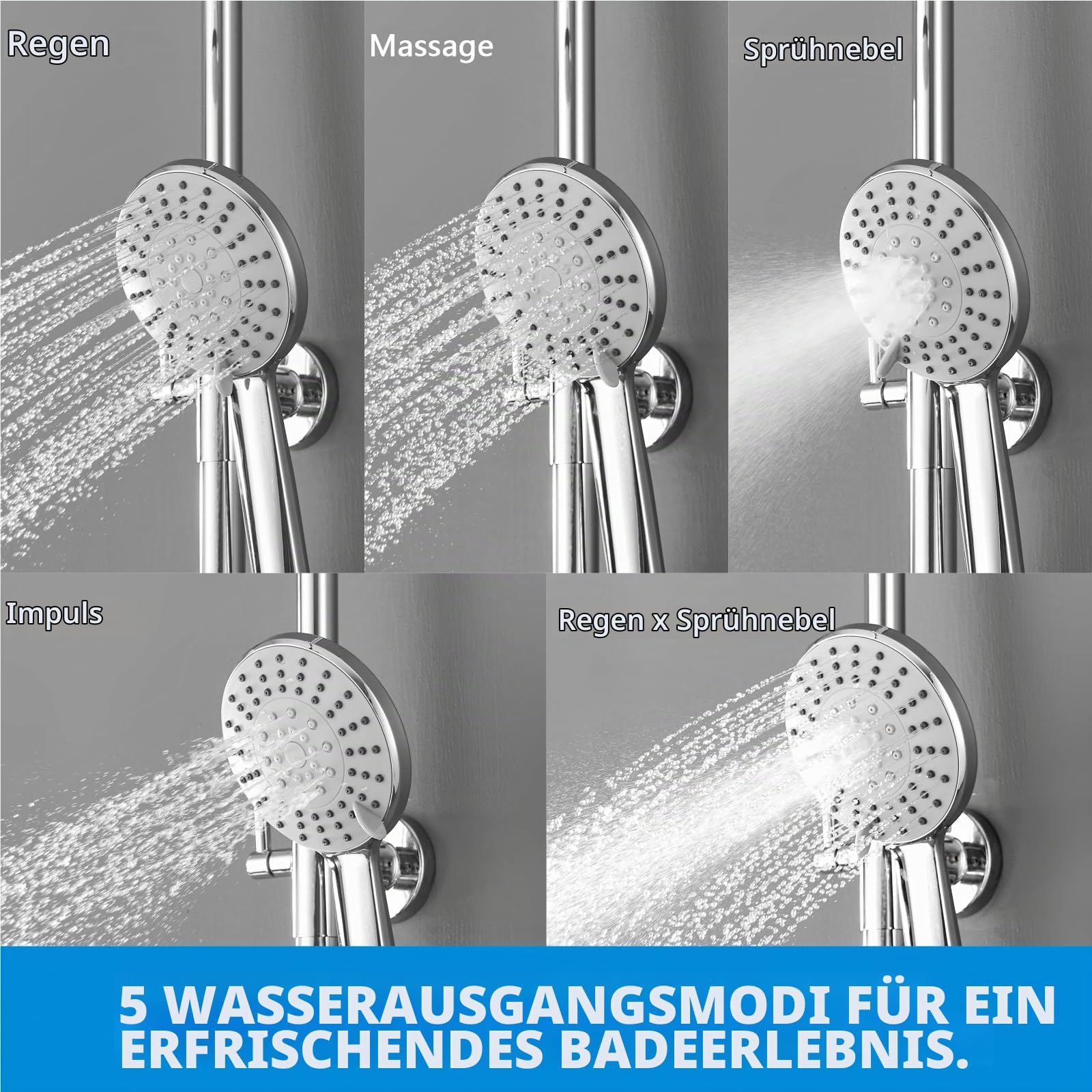 KOMIRO Duschsystem mit Thermostat, Duscharmatur mit Thermostat, 23 x 23 cm Regendusche, 5 Strahlarten Handbrause, Duschstange Edelstahl Regenwalddusche Komplett für Duscheset, Chrom (style2)